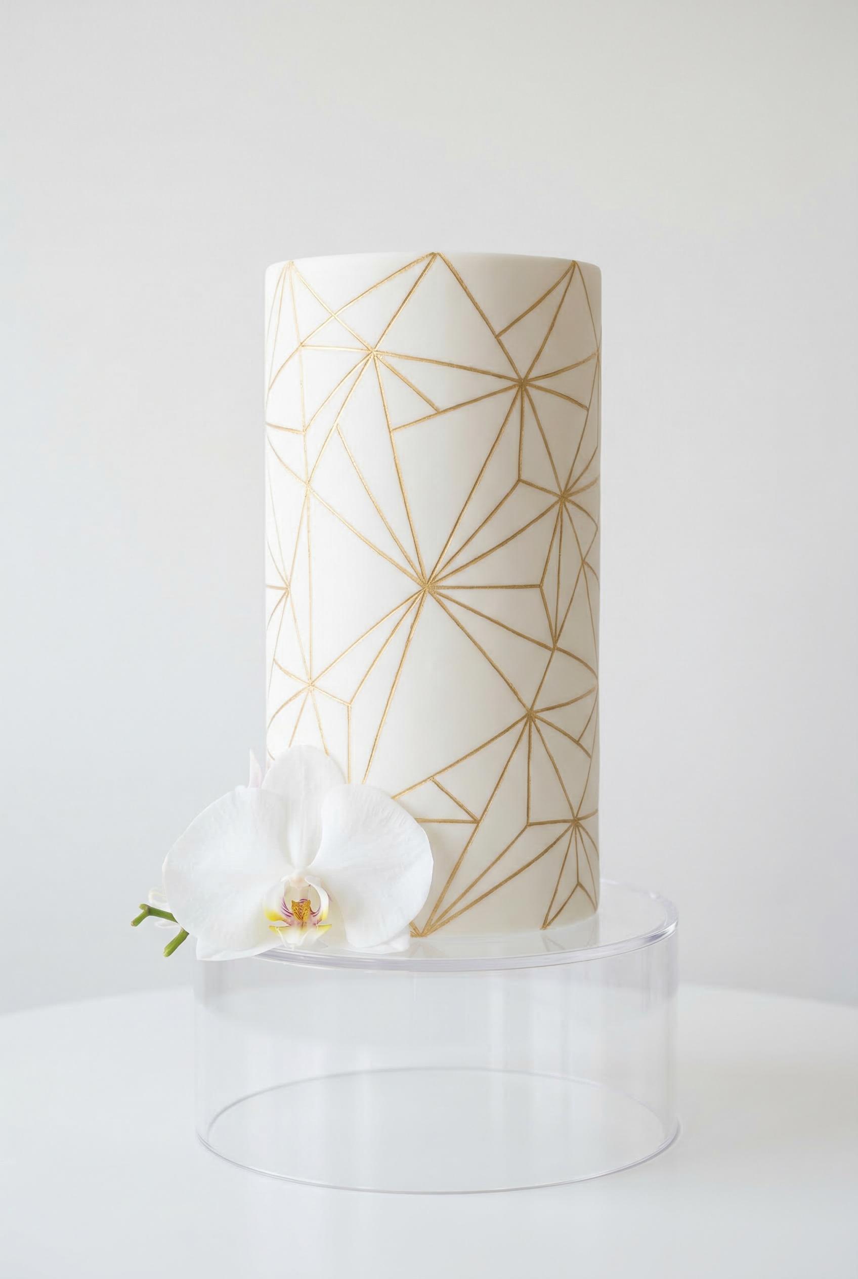 A tall single-tier modern cylindrical wedding cake with perfectly smooth white fondant, decorated with precise thin gold