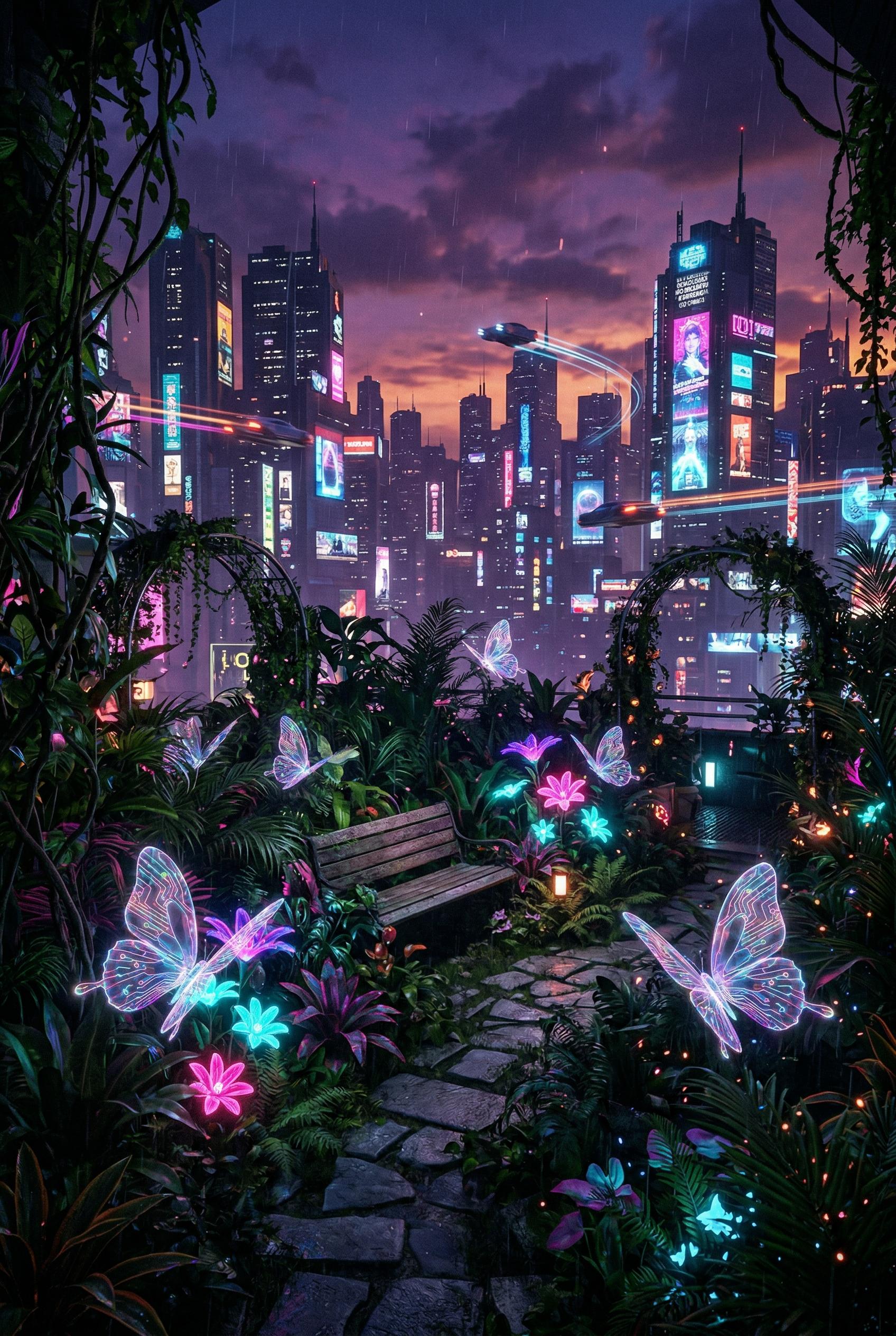 A lush rooftop garden atop a cyberpunk skyscraper at dusk, overgrown with tropical plants, hanging vines, a...