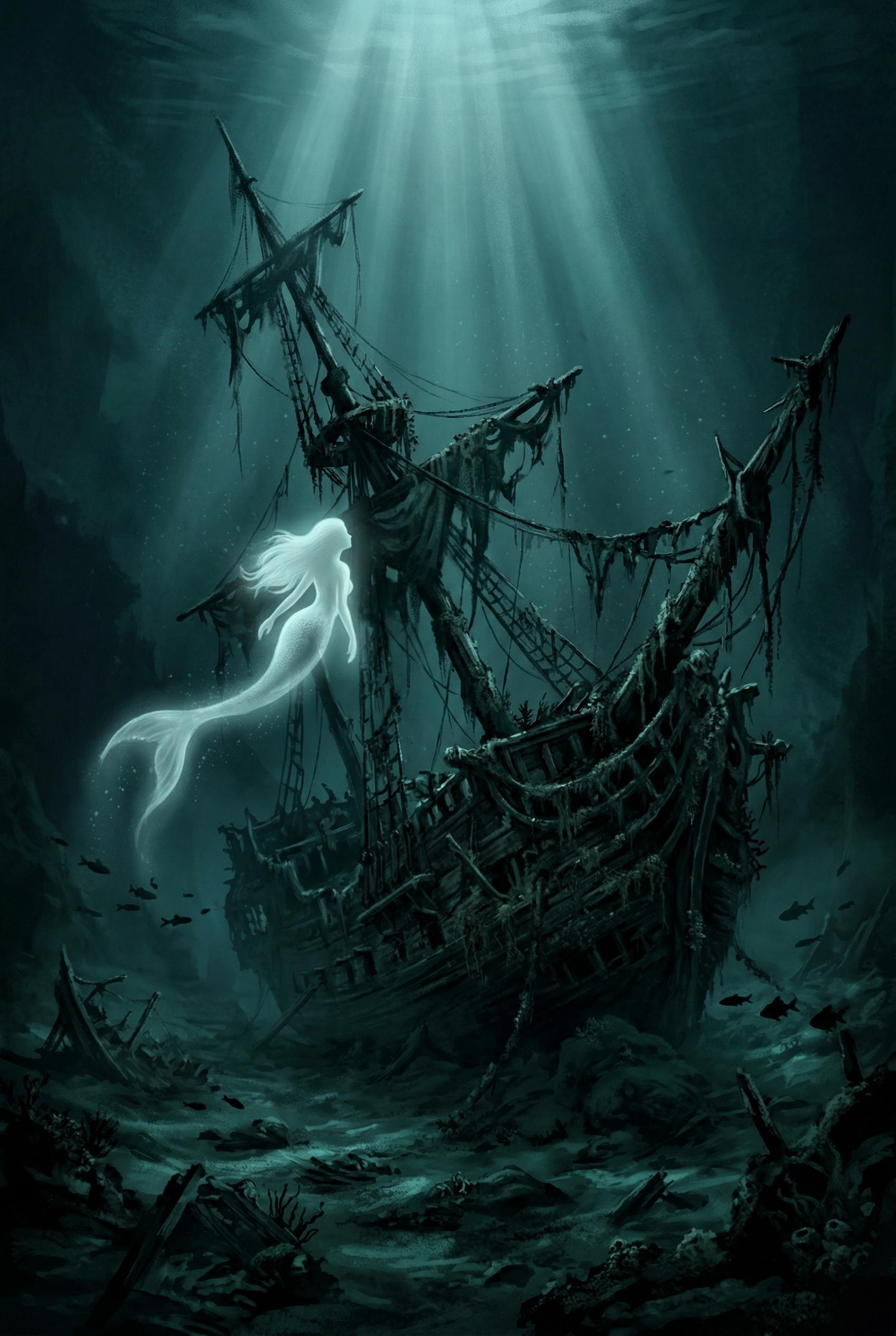 A dark and eerie underwater scene deep in the ocean abyss showing a centuries-old sunken pirate ship listing to one side