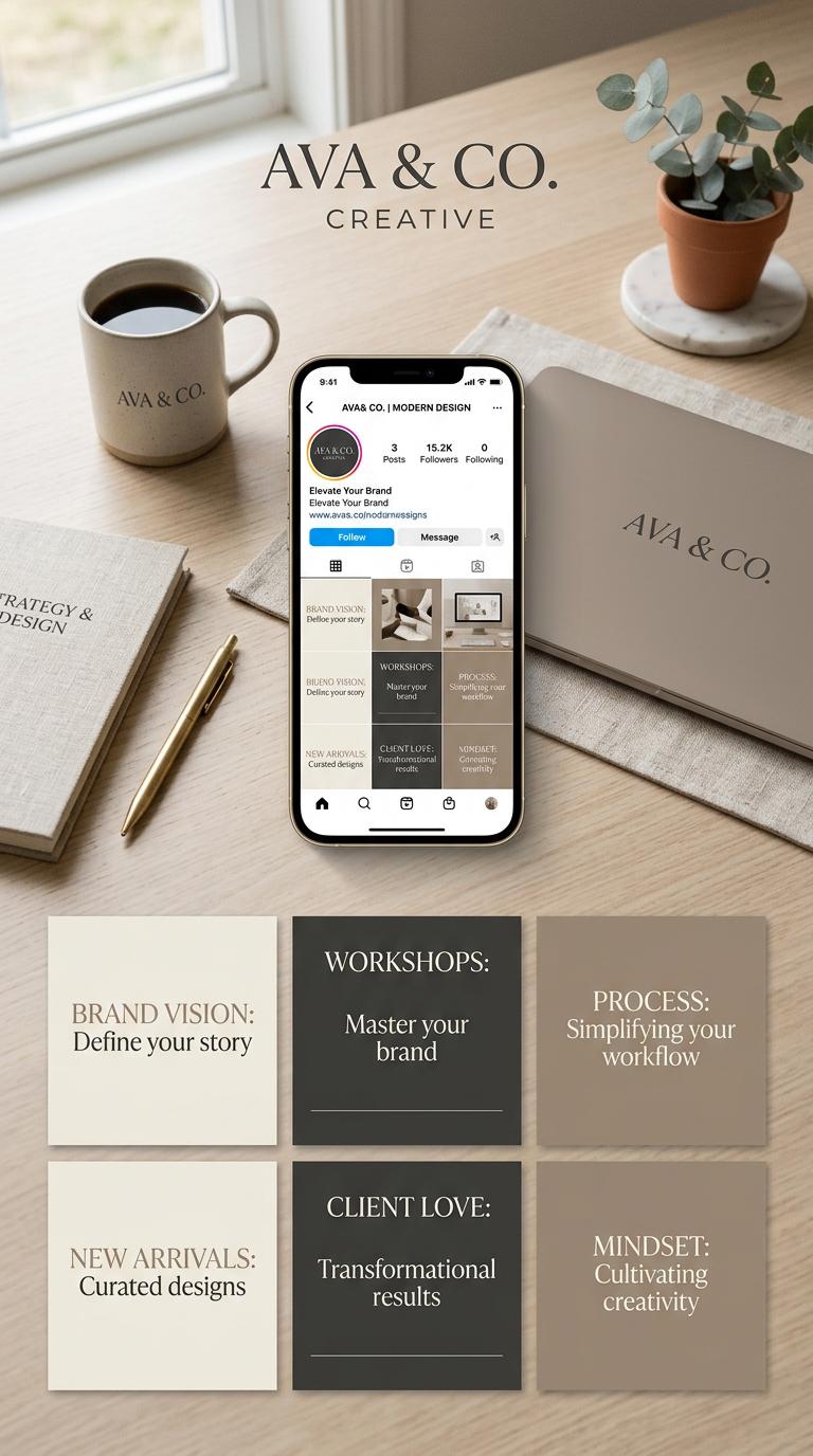 Create a premium vertical Pinterest marketing image for a small business brand, with elegant phone and laptop mockups, c