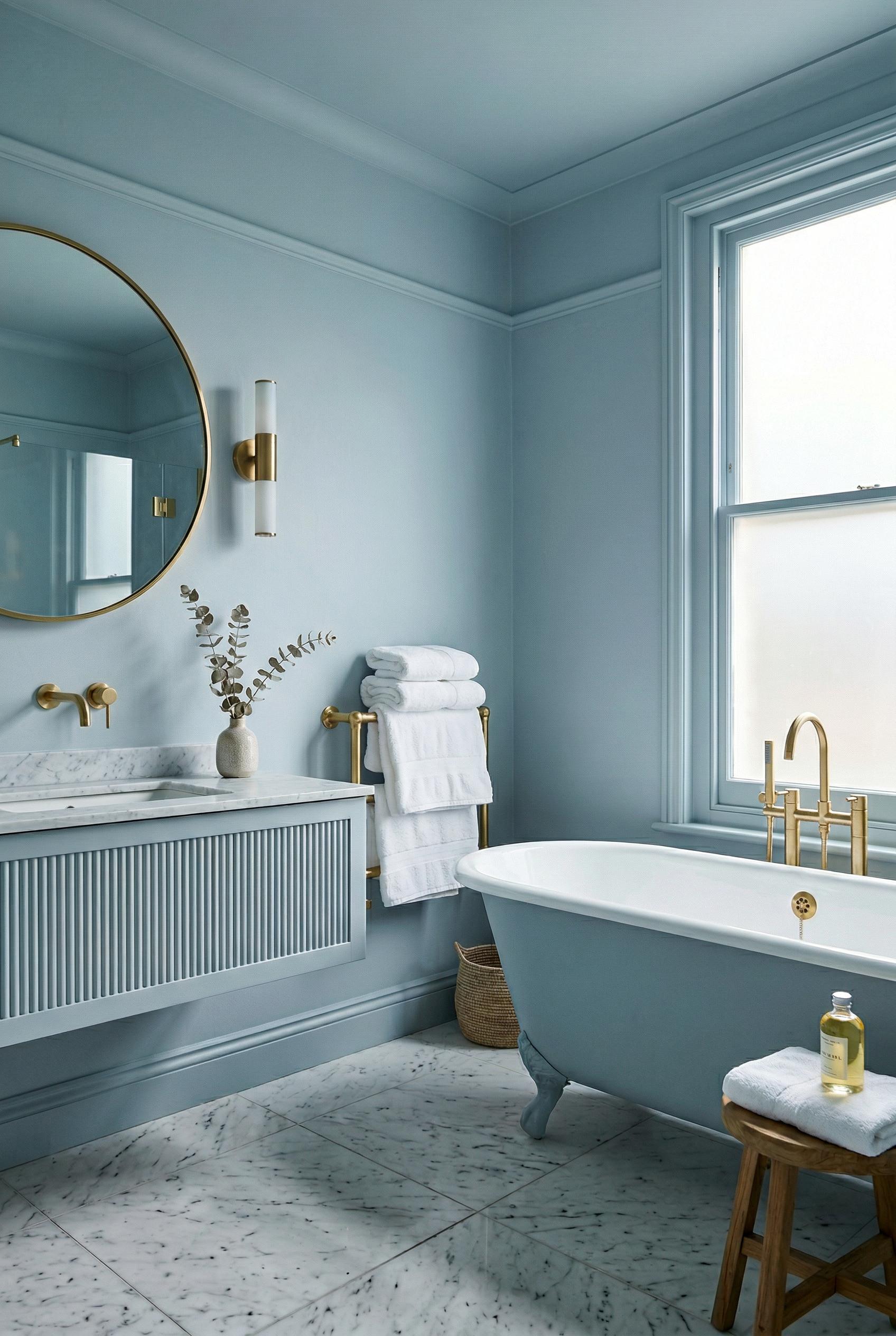 A serene bathroom drenched entirely in a cool mineral blue tone — walls, ceiling, trim, vanity, and 