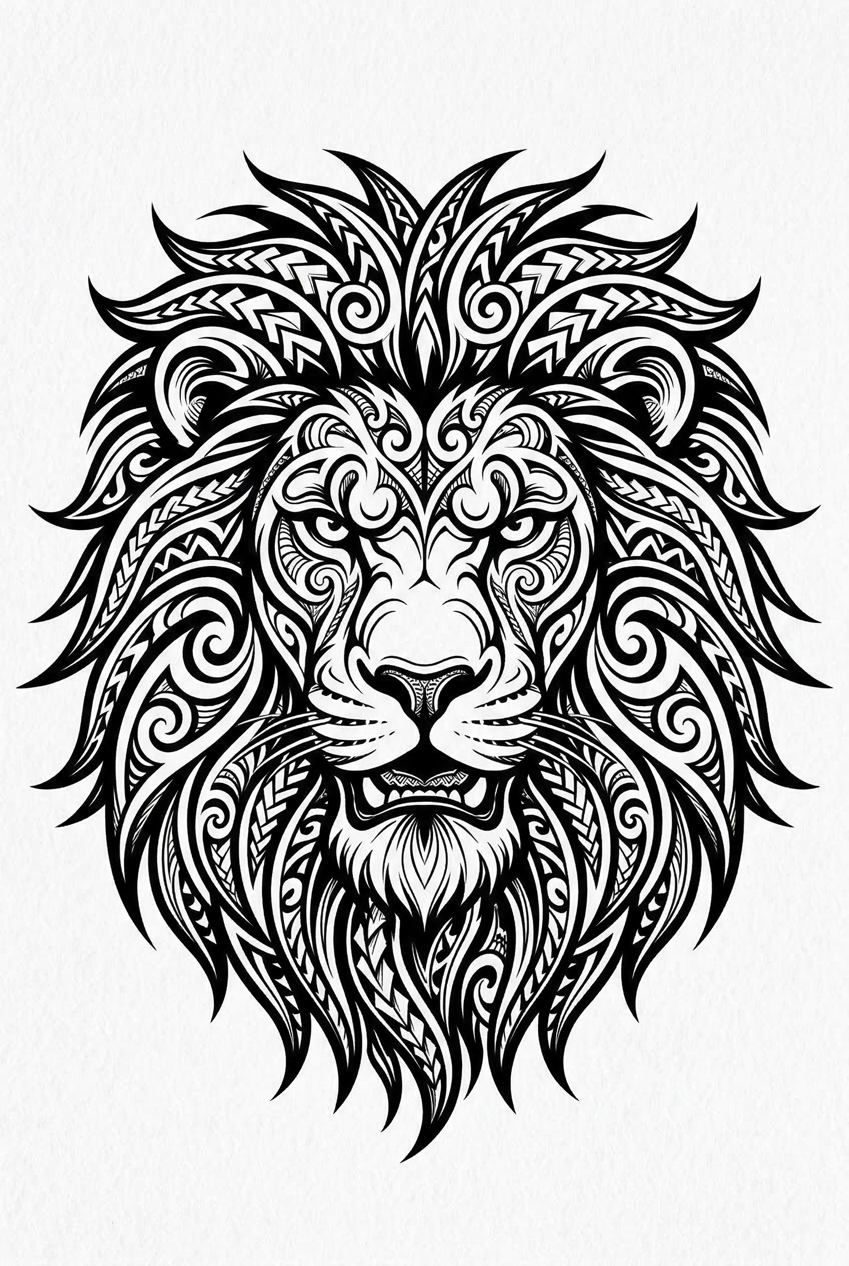 A tribal lion head tattoo design with bold black Polynesian-inspired patterns, flowing curves and sharp points, black on