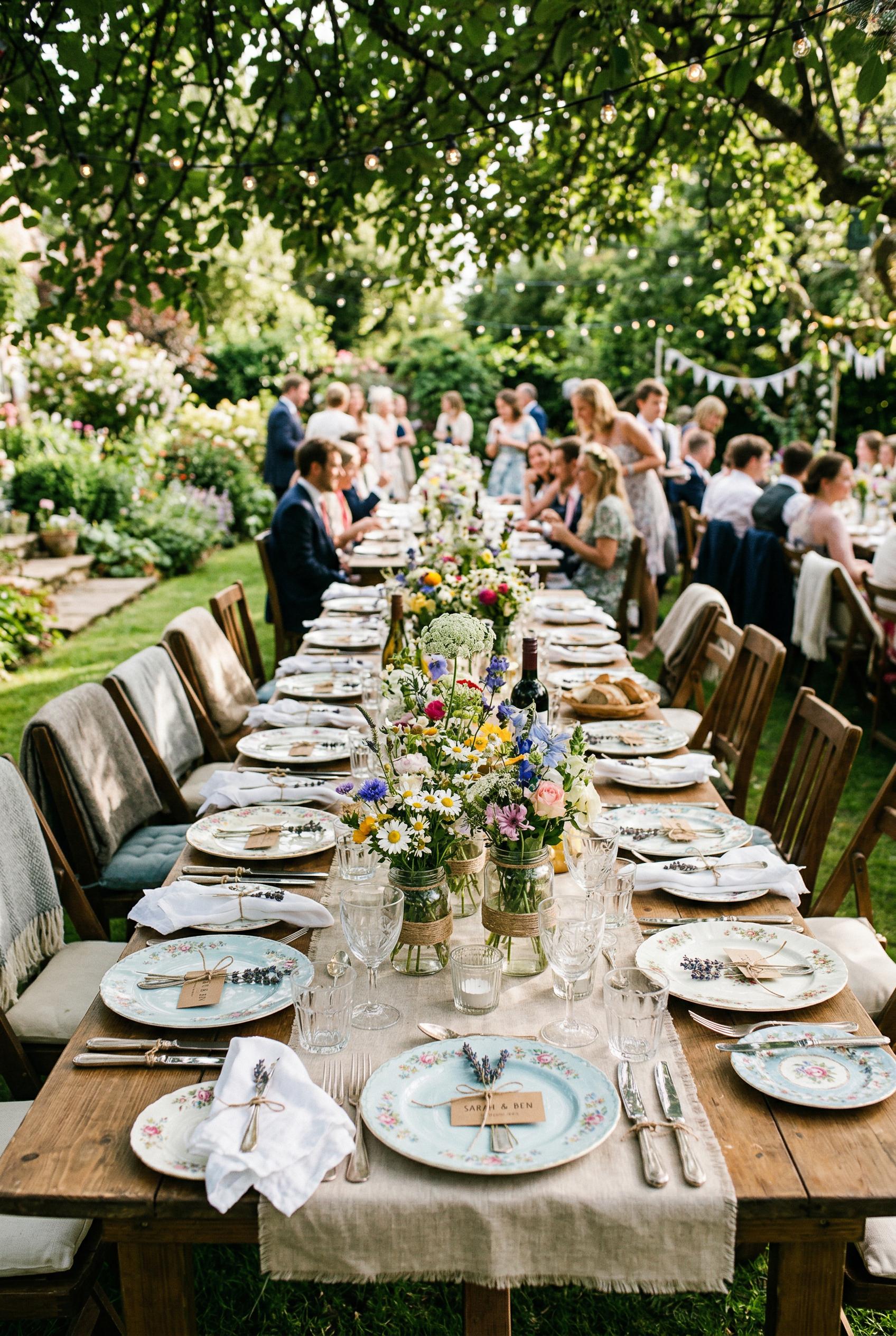 An outdoor garden wedding dinner table set on a green lawn under a canopy of trees, featuring charming mism...
