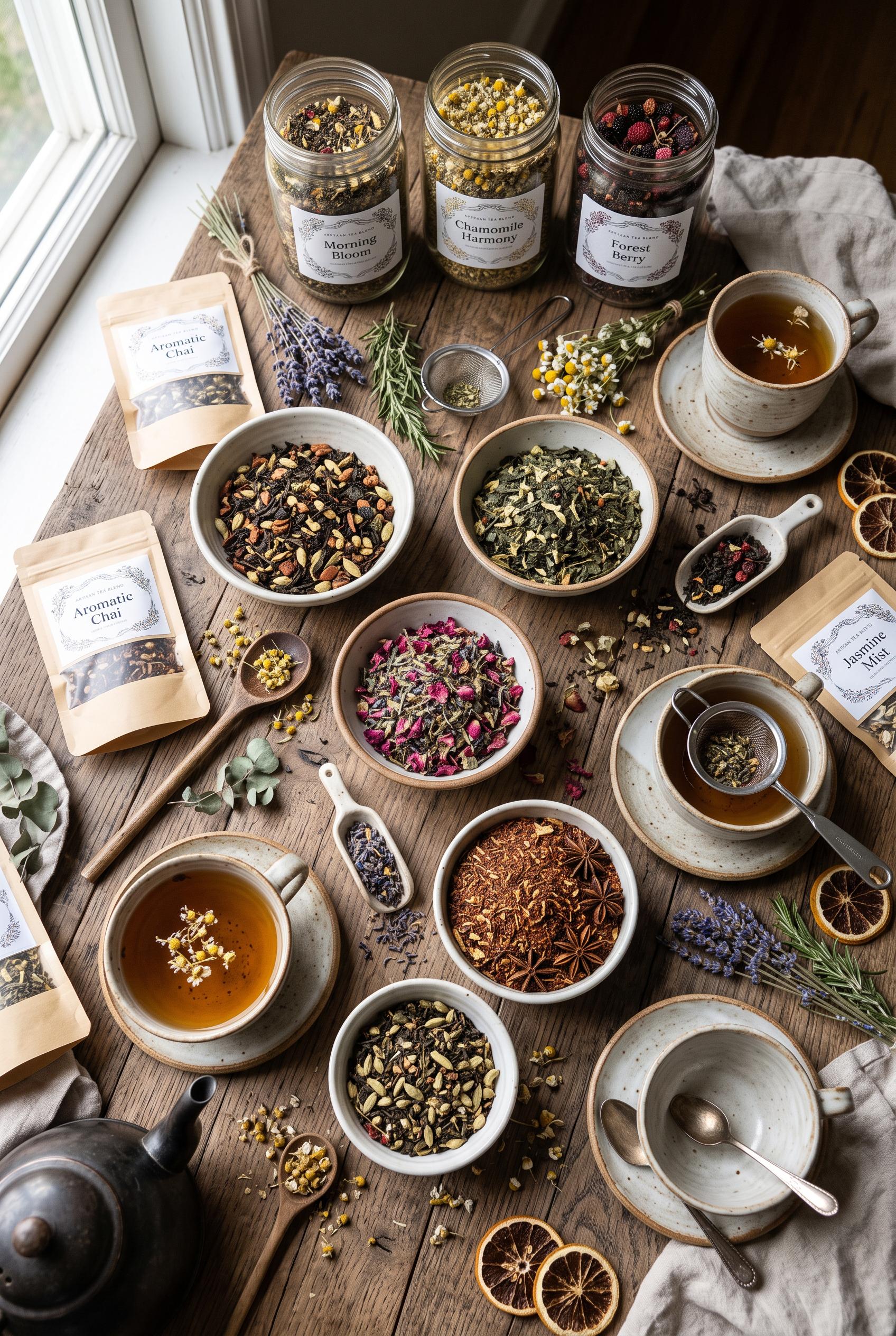 Flat lay of artisan tea collection with various blends, styled with dried herbs and tea cups in vertical 2:...