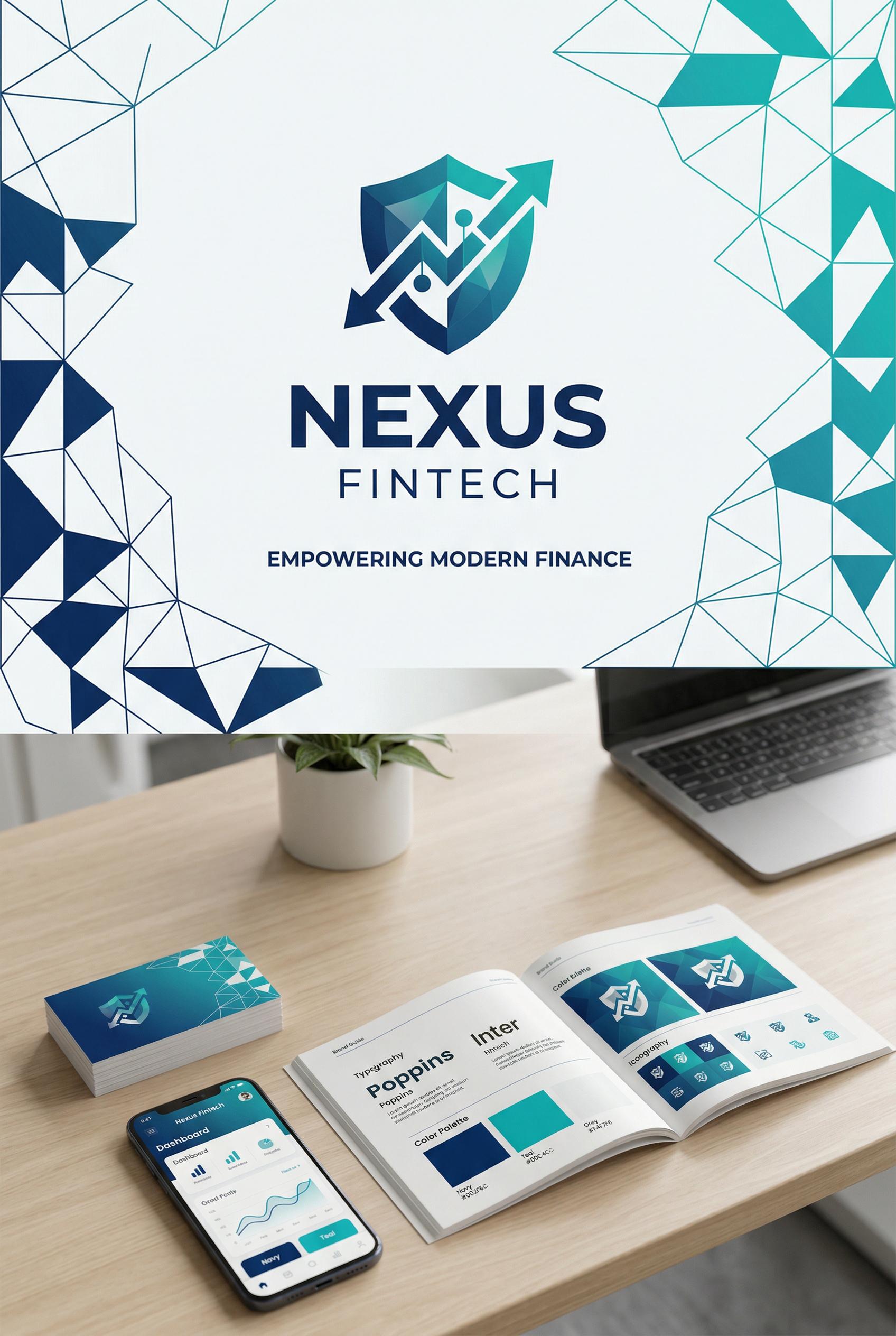 Modern brand identity for a fintech startup, clean geometric patterns, navy and teal gradient, trustworthy professional