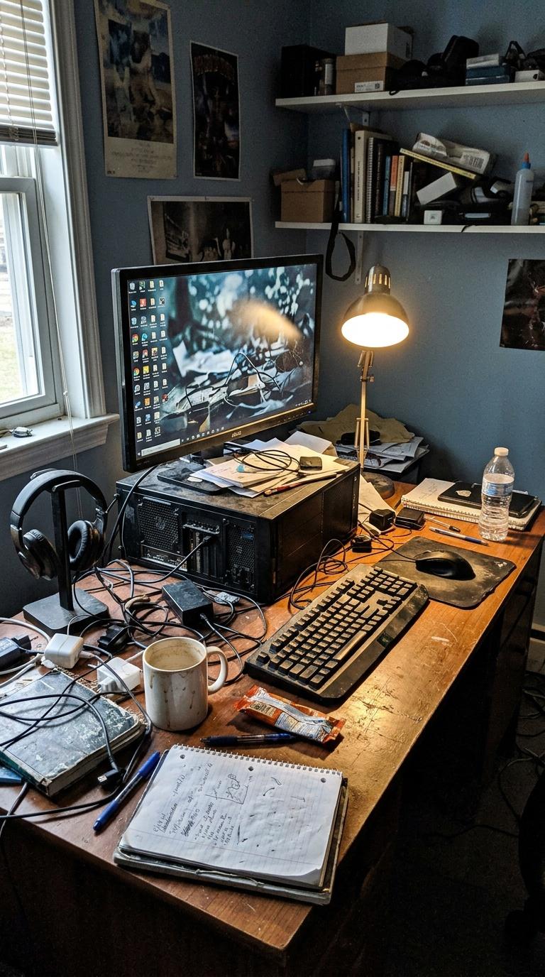 Amateur handheld phone photo of a creator's cluttered desk setup before branding and styling, imperfect pho...