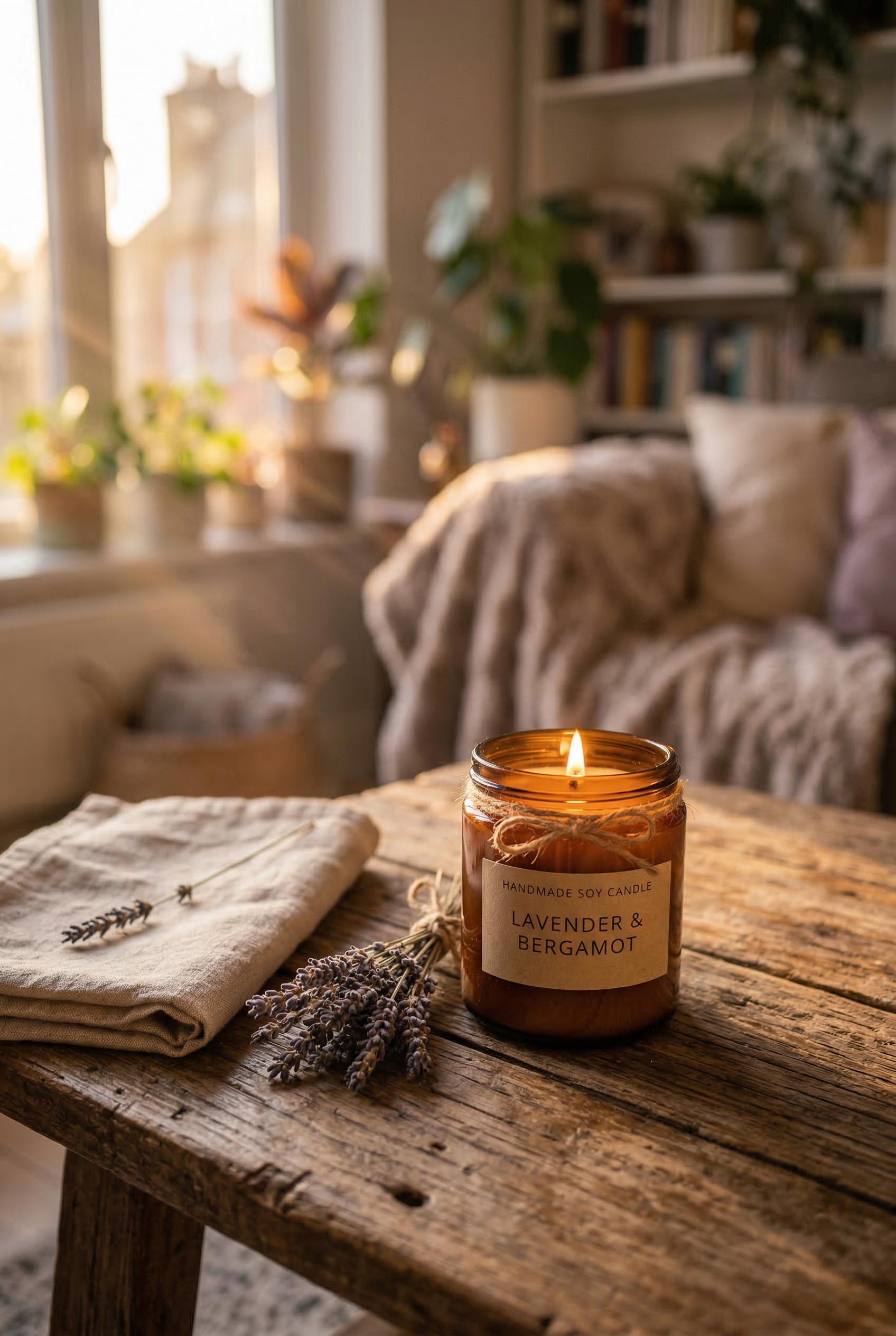 A handmade soy candle in an amber glass jar sitting on a rustic reclaimed wooden table, soft golden 