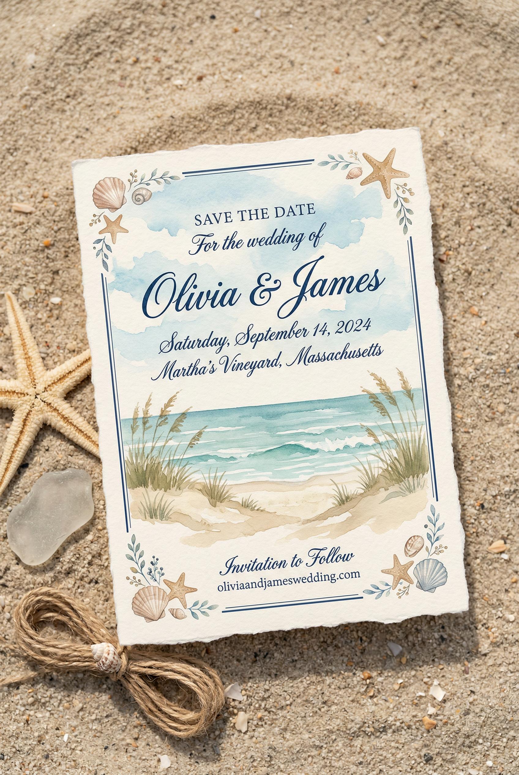 A watercolor-style save the date card featuring a hand-painted coastal scene with soft sandy beige dunes, g...