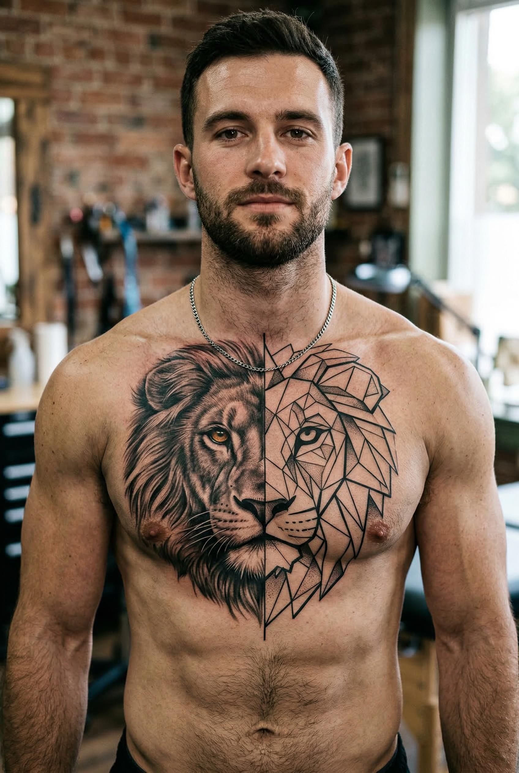 A geometric lion face tattoo on a man's chest, split vertically down the middle — the left half is p