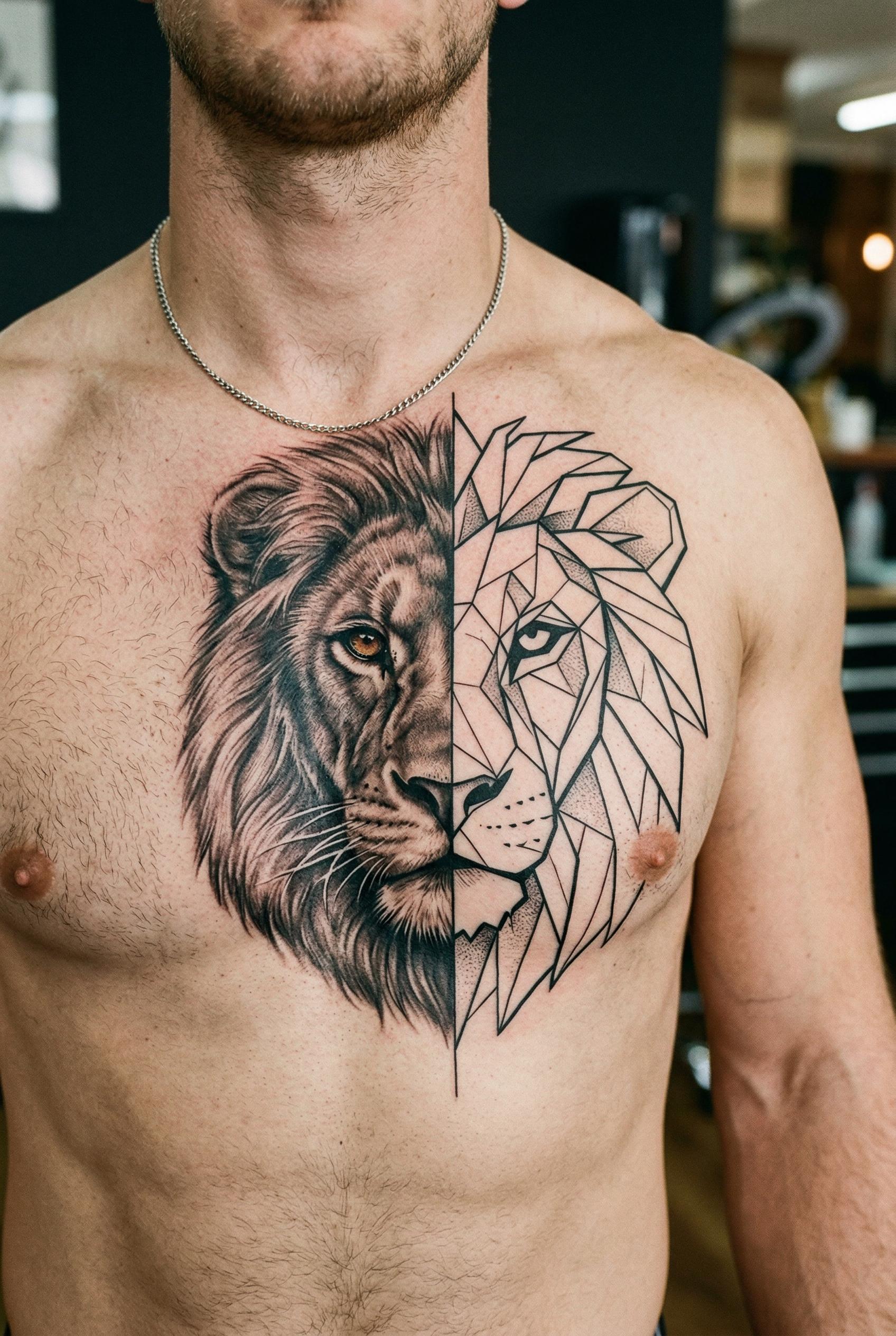 A geometric lion face tattoo on a man's chest, split vertically down the middle — the left half is photorealistic with d
