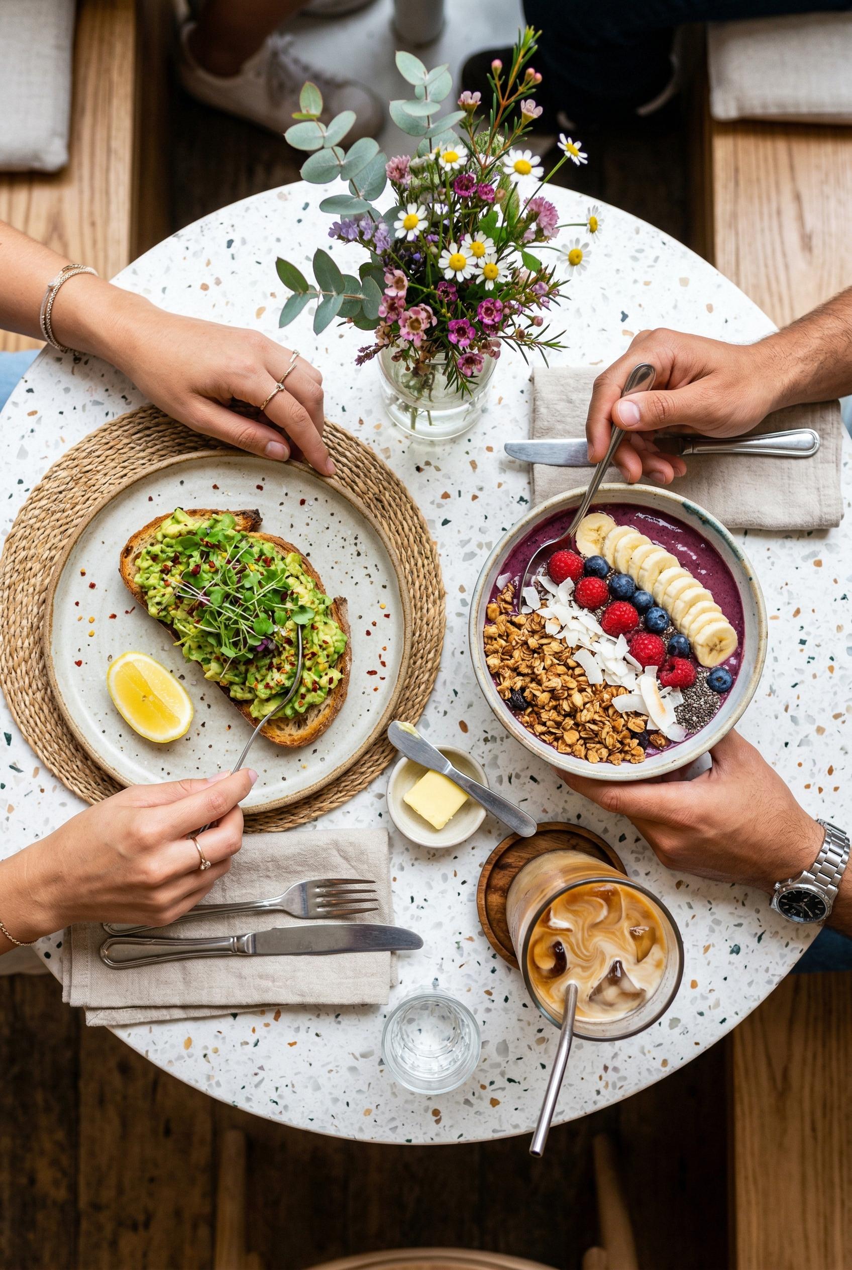 An overhead bird's eye view of a beautiful brunch spread on a white terrazzo table at a trendy café, featuring a plate o