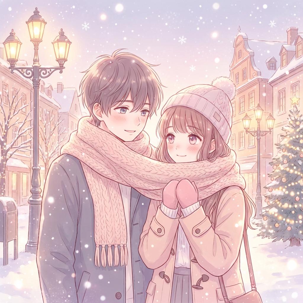 Shoujo anime Christmas scene, soft pastel colors, gentle snowfall, two anime characters sharing scarves, glowing street 