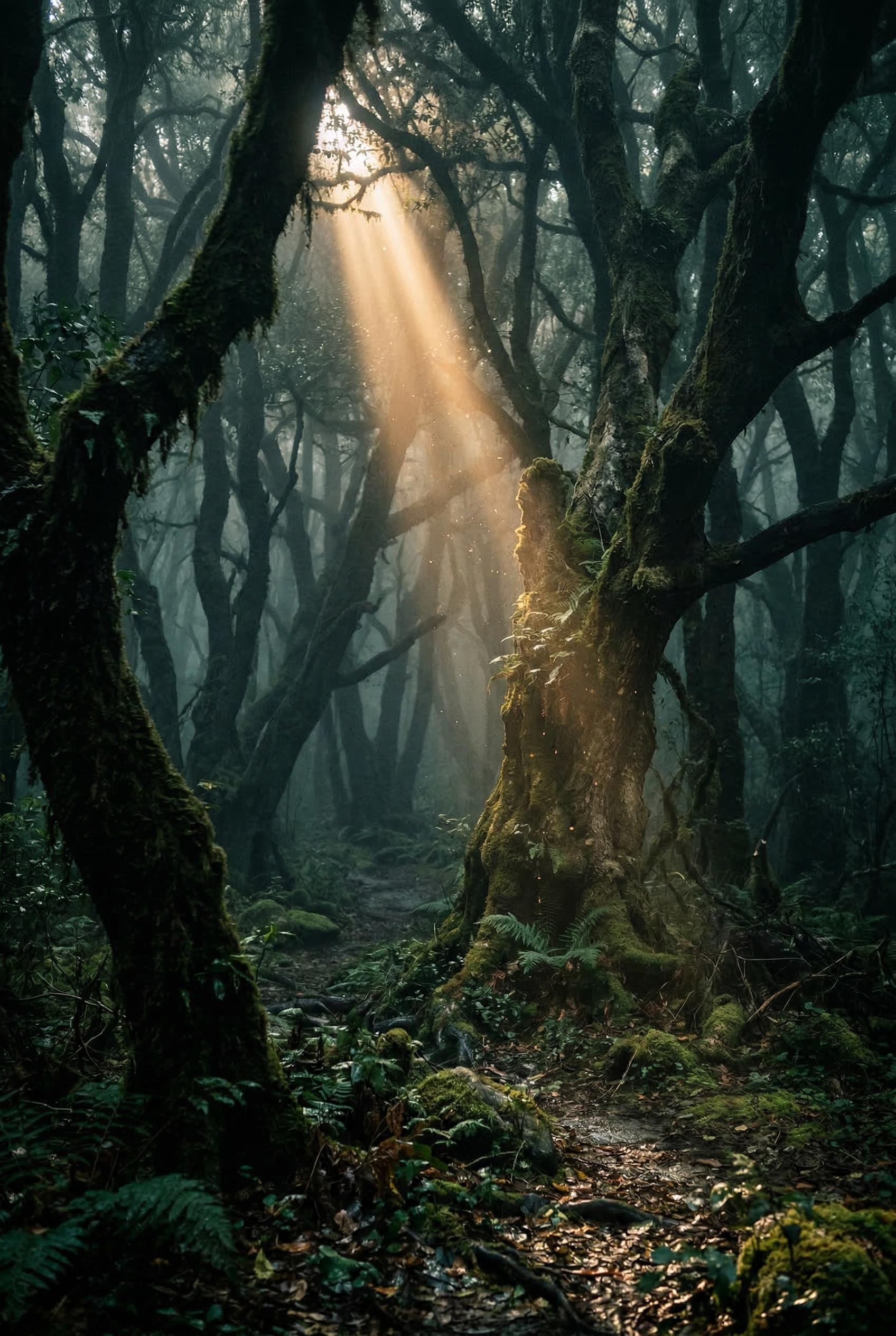 A dark ancient forest shrouded in thick fog, massive gnarled tree trunks covered in moss, a single beam of golden light 