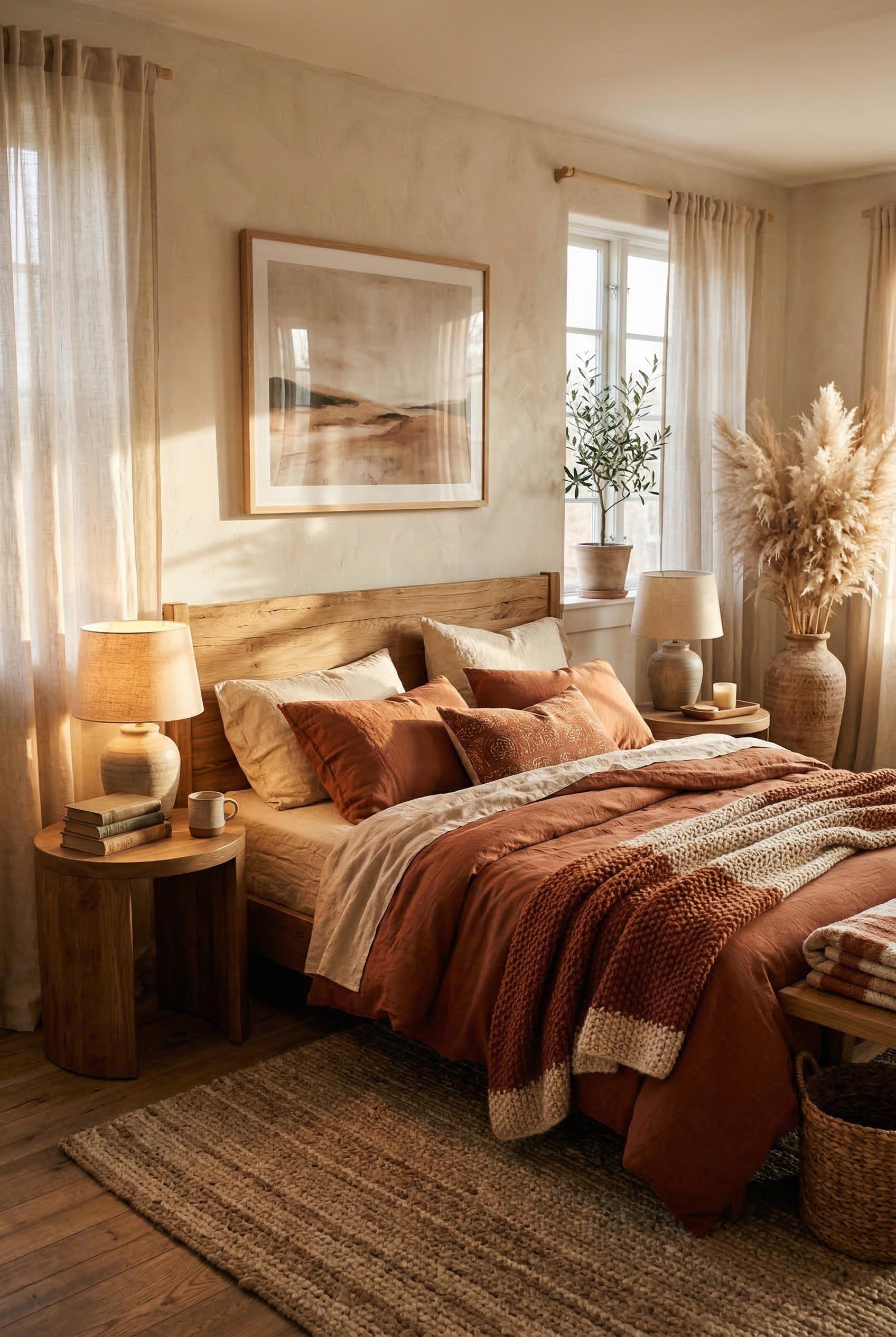 A warm and inviting bedroom with layered linen bedding in terracotta, burnt sienna, and cream tones on a king-size bed with a natural oak headboard. Two wooden nightstands with rounded edges hold ceramic table lamps with linen shades. Dried pampas grass in a tall clay vase sits in the corner. Soft ambient golden hour light streams through sheer curtains, casting warm shadows across the textured walls. A chunky knit throw blanket drapes casually over the bed. Moody editorial interior photography, shallow depth of field, warm color grading, ultra realistic