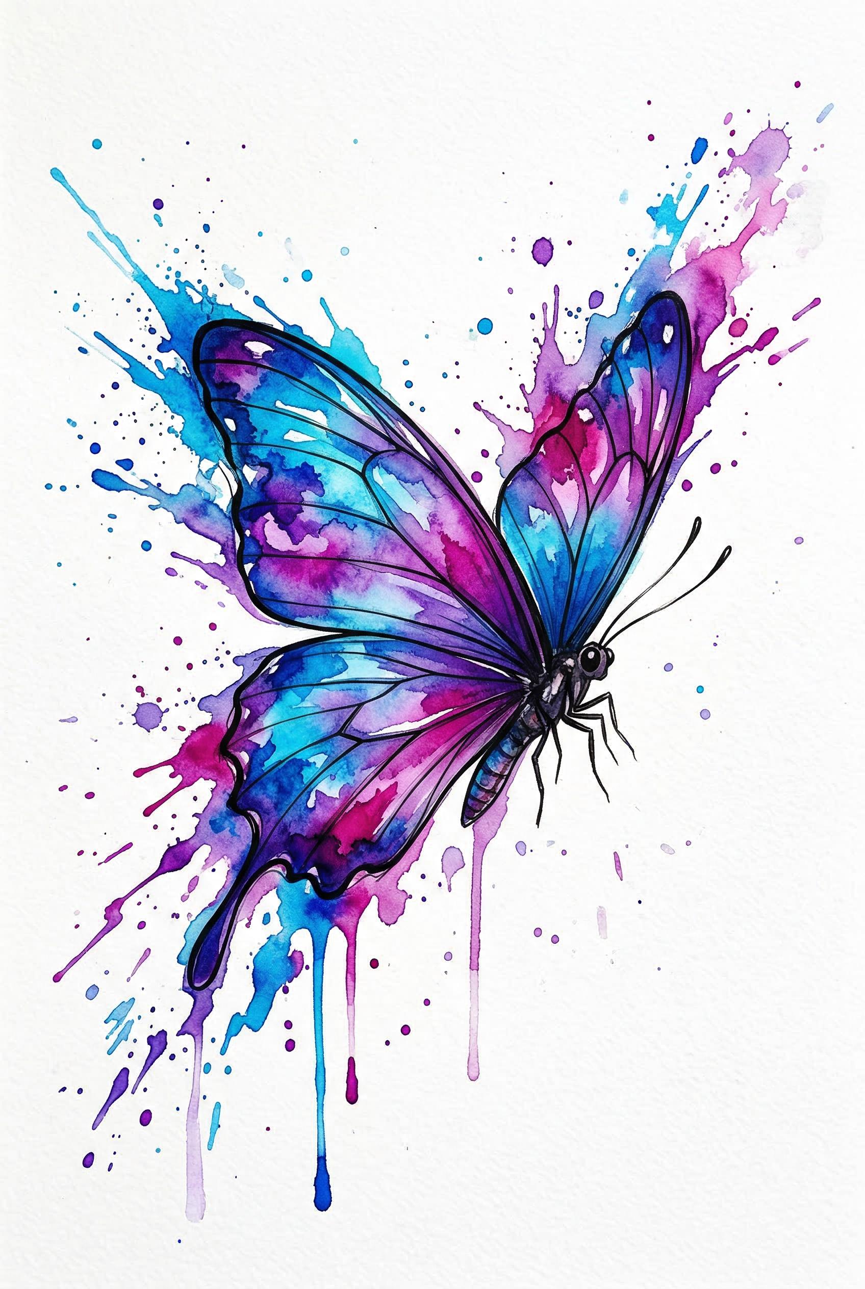 A vibrant watercolor butterfly tattoo design, realistic butterfly shape with artistic watercolor paint splashes and drip