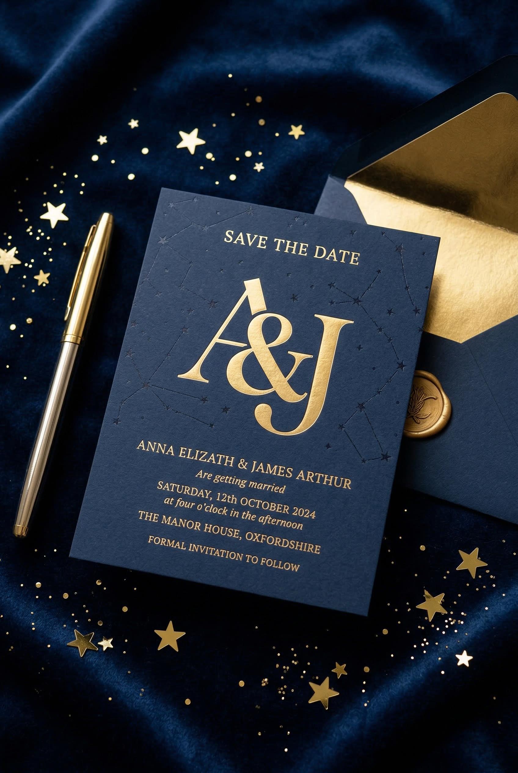 An elegant save the date card design featuring a large modern interlocking monogram in metallic gold foil centered on a 