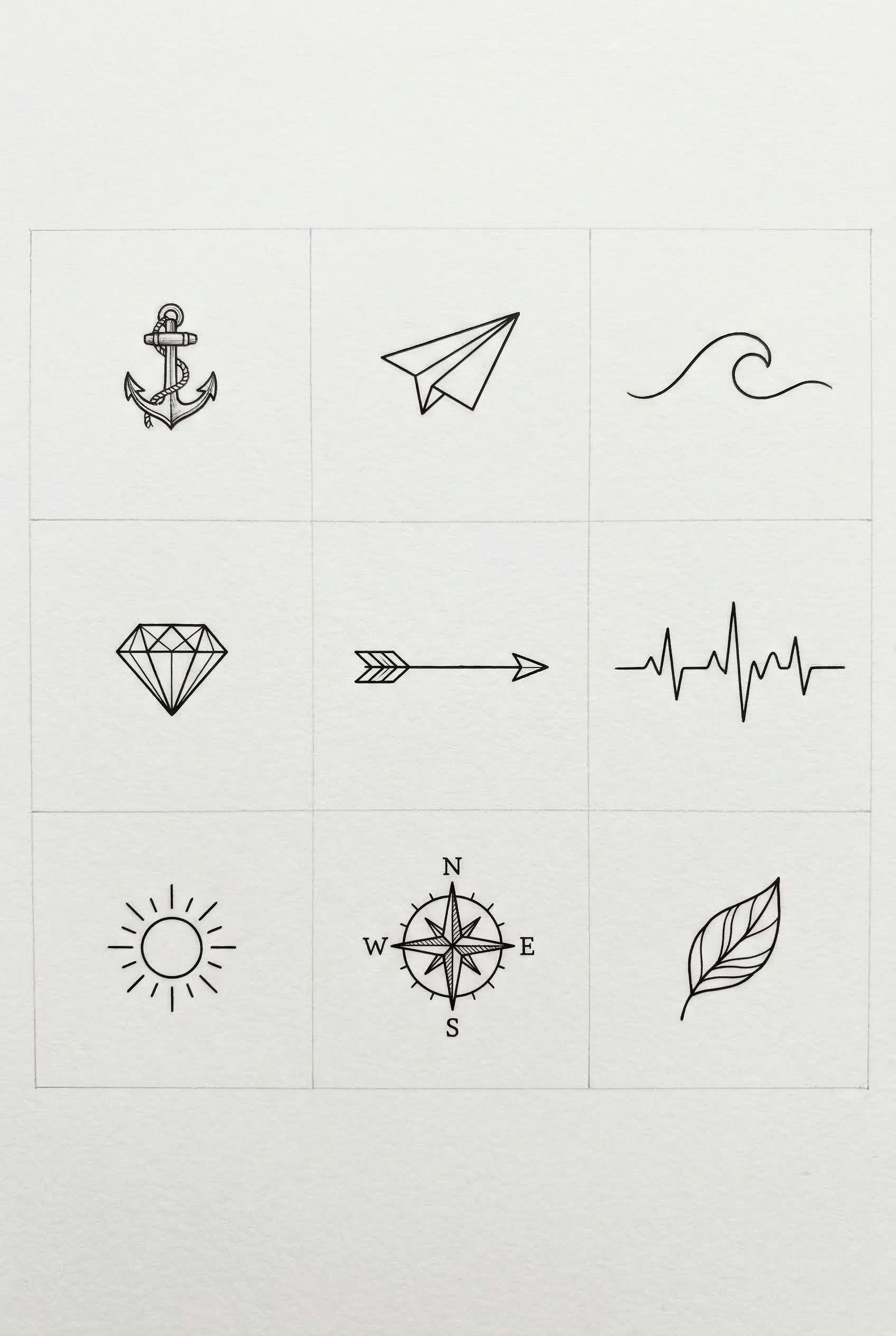 A clean 3x3 grid layout of 9 tiny fine-line tattoo designs on a white background, evenly spaced with minimal margins: (1