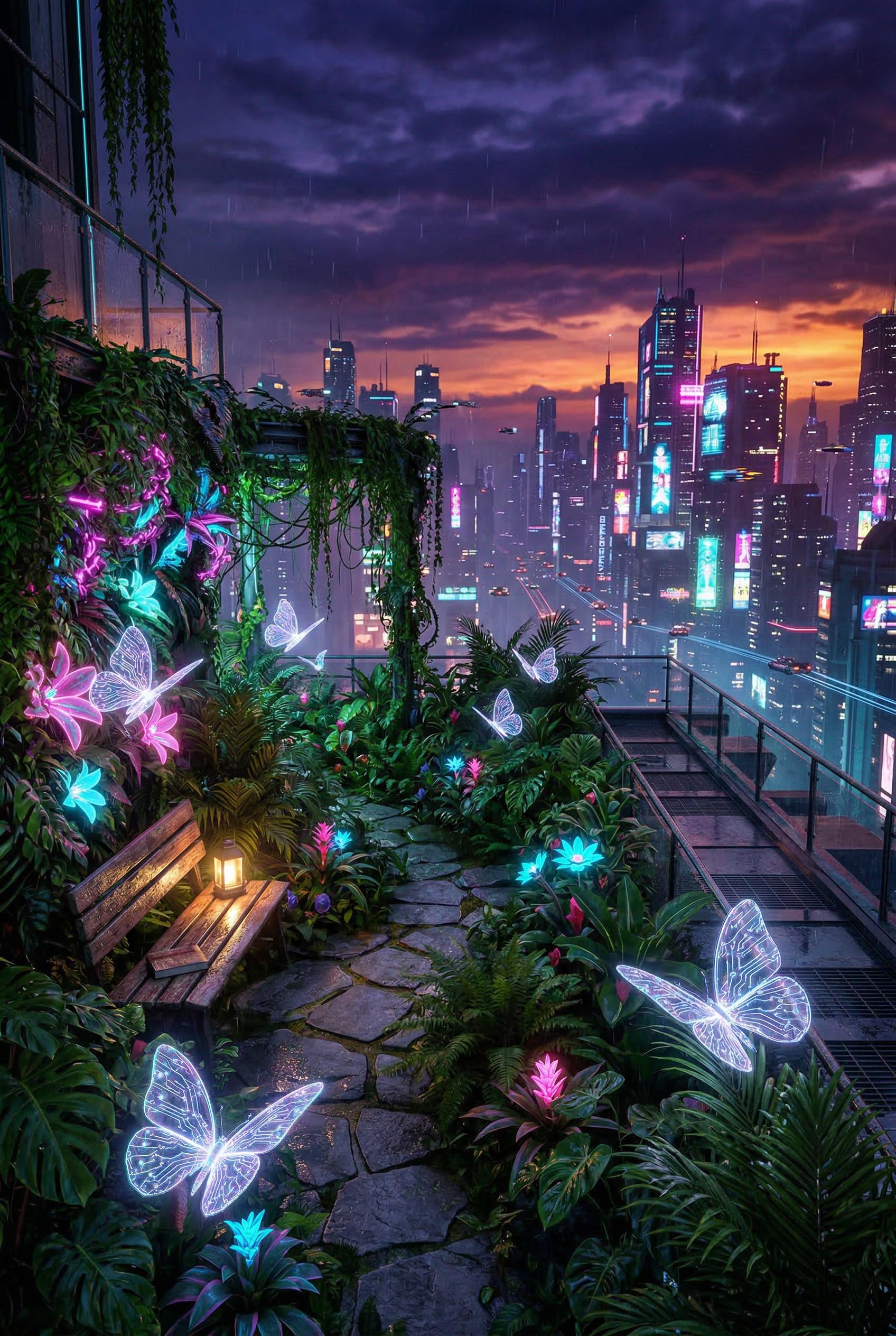 A lush rooftop garden atop a cyberpunk skyscraper at dusk, overgrown with tropical plants, hanging vines, and glowing bi
