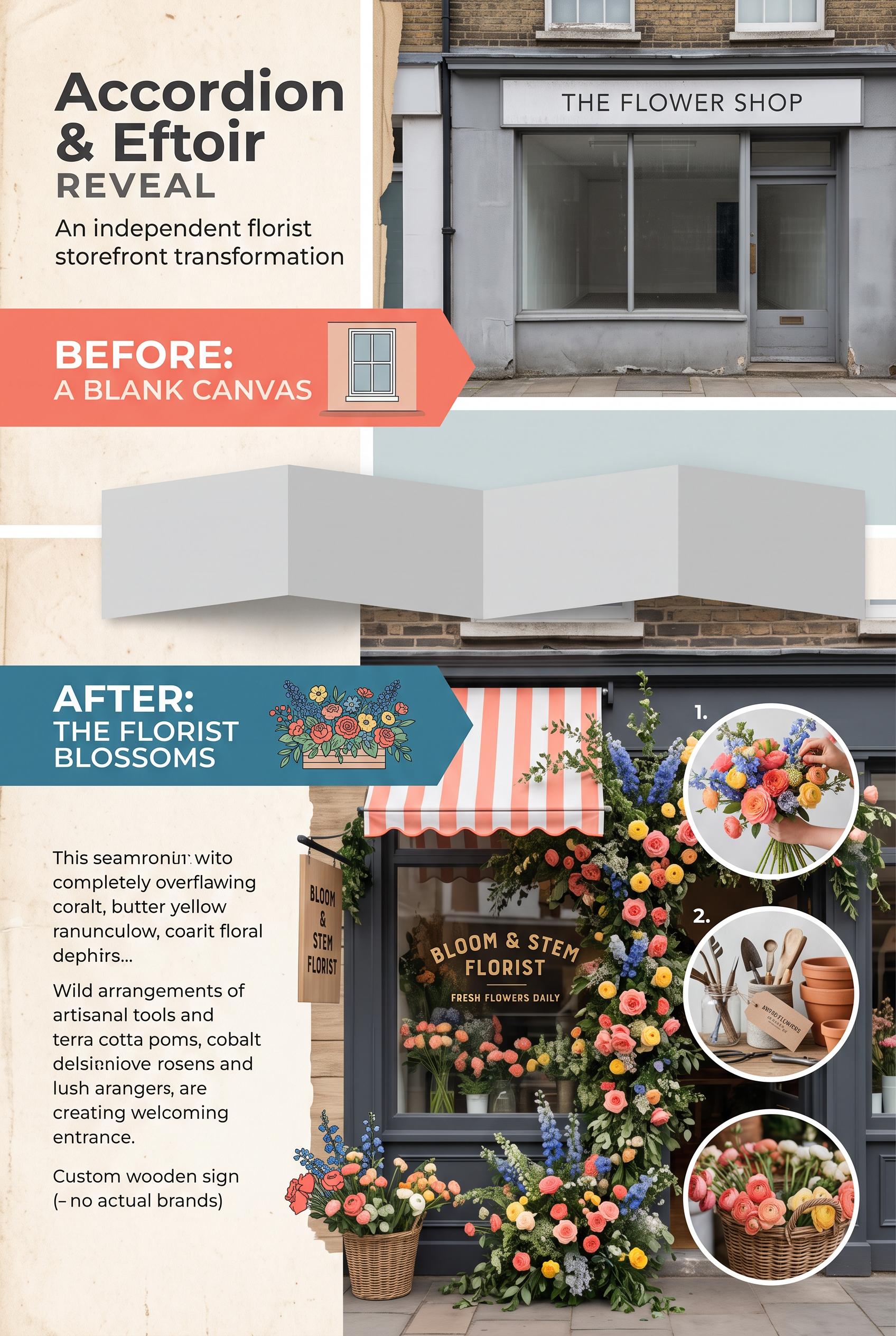 Create a commercial-quality vertical 2:3 Pinterest composition showing an independent florist storef