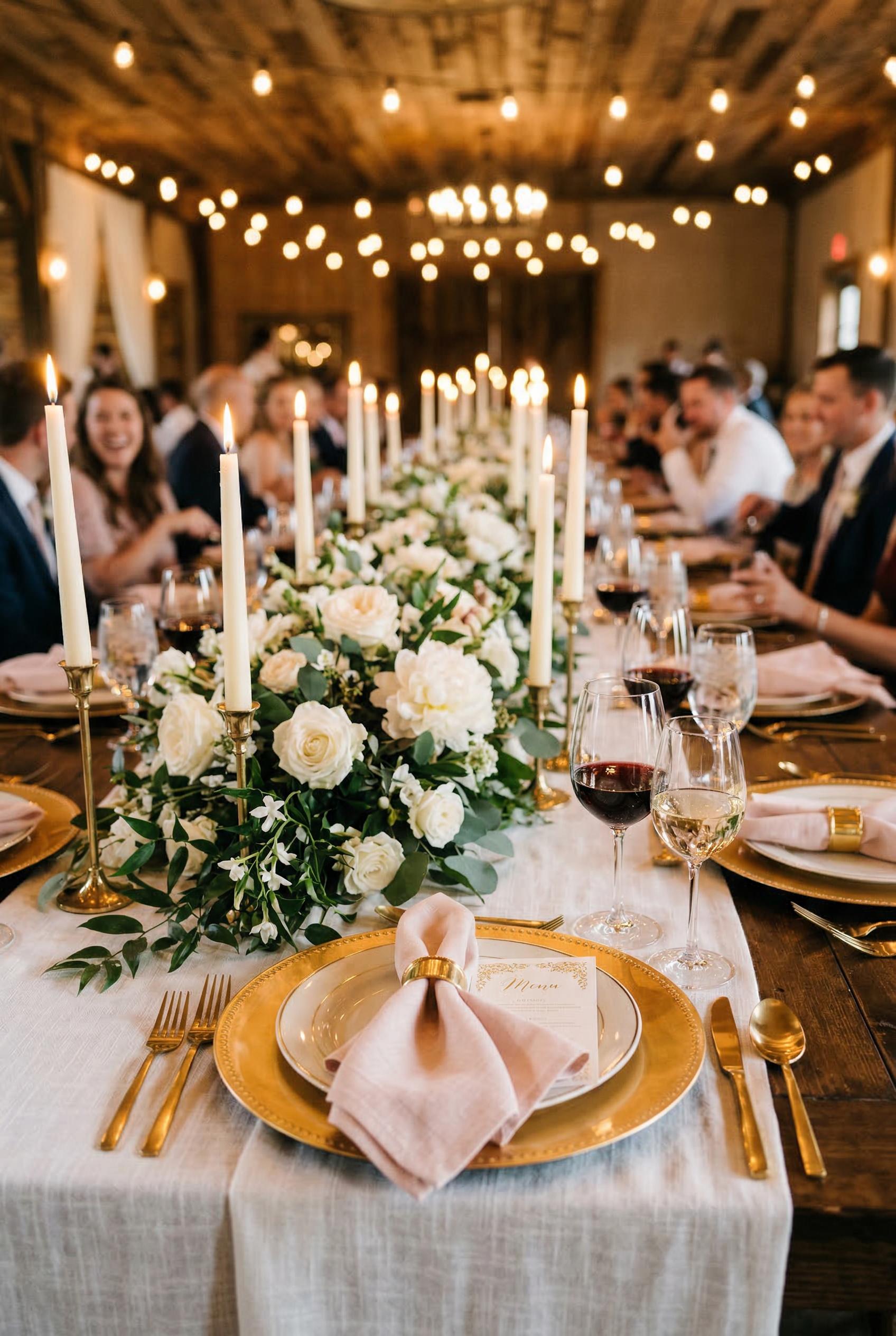 An elegant wedding reception table viewed from a low angle, featuring gold charger plates with beaded rims, soft blush p