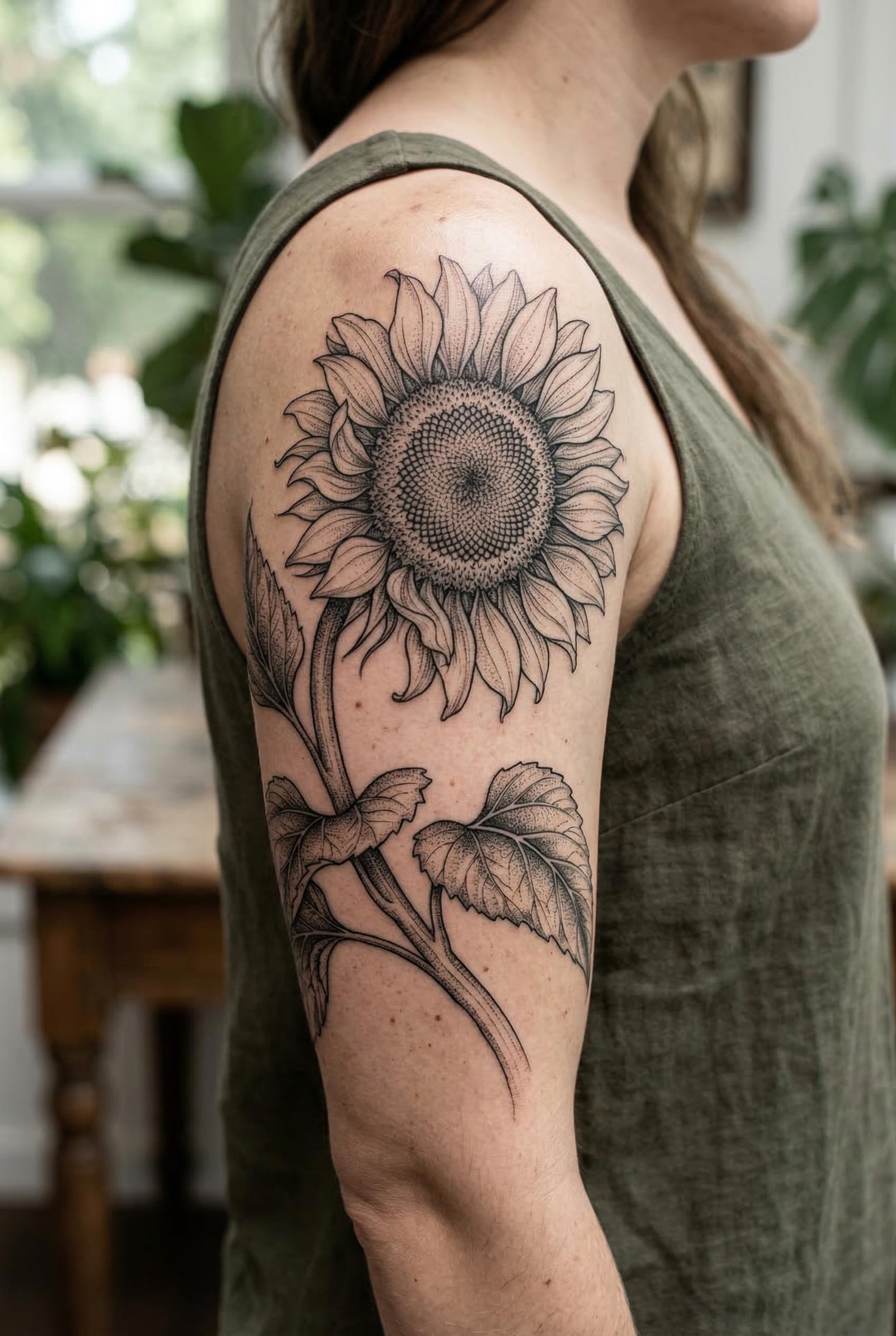 A detailed botanical illustration style sunflower tattoo wrapping around the upper arm, featuring a 