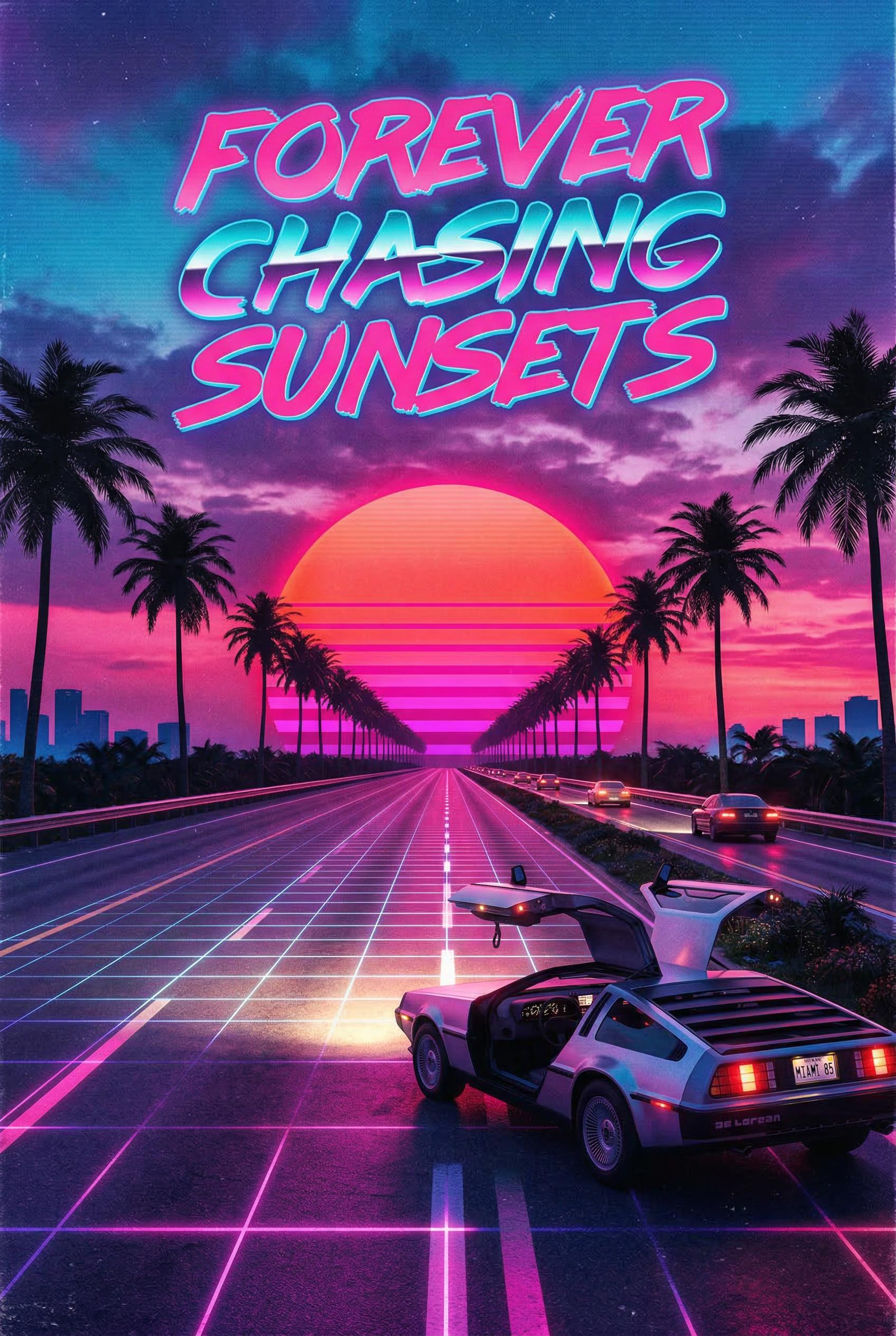 A retro 1980s Miami sunset scene with a perfectly straight neon-lit highway stretching into the distance toward a massiv