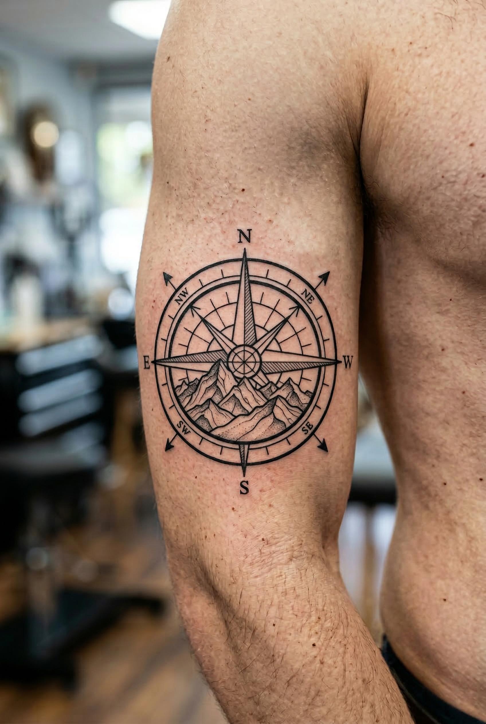 A geometric compass tattoo on the inner bicep with a mountain range silhouette contained inside the 