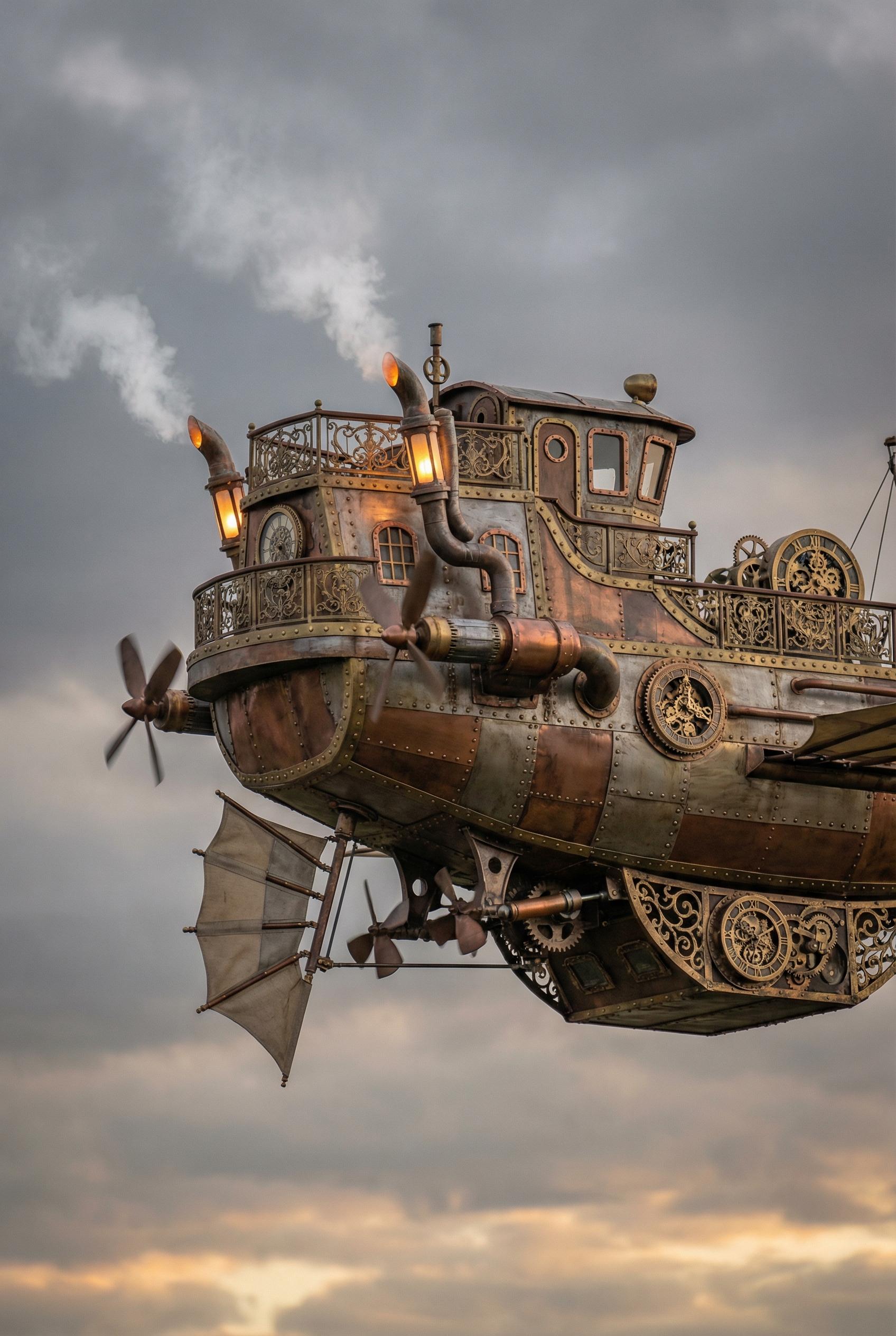 Intricate steampunk airship with brass and copper details, exposed gears and steam pipes, Victorian-