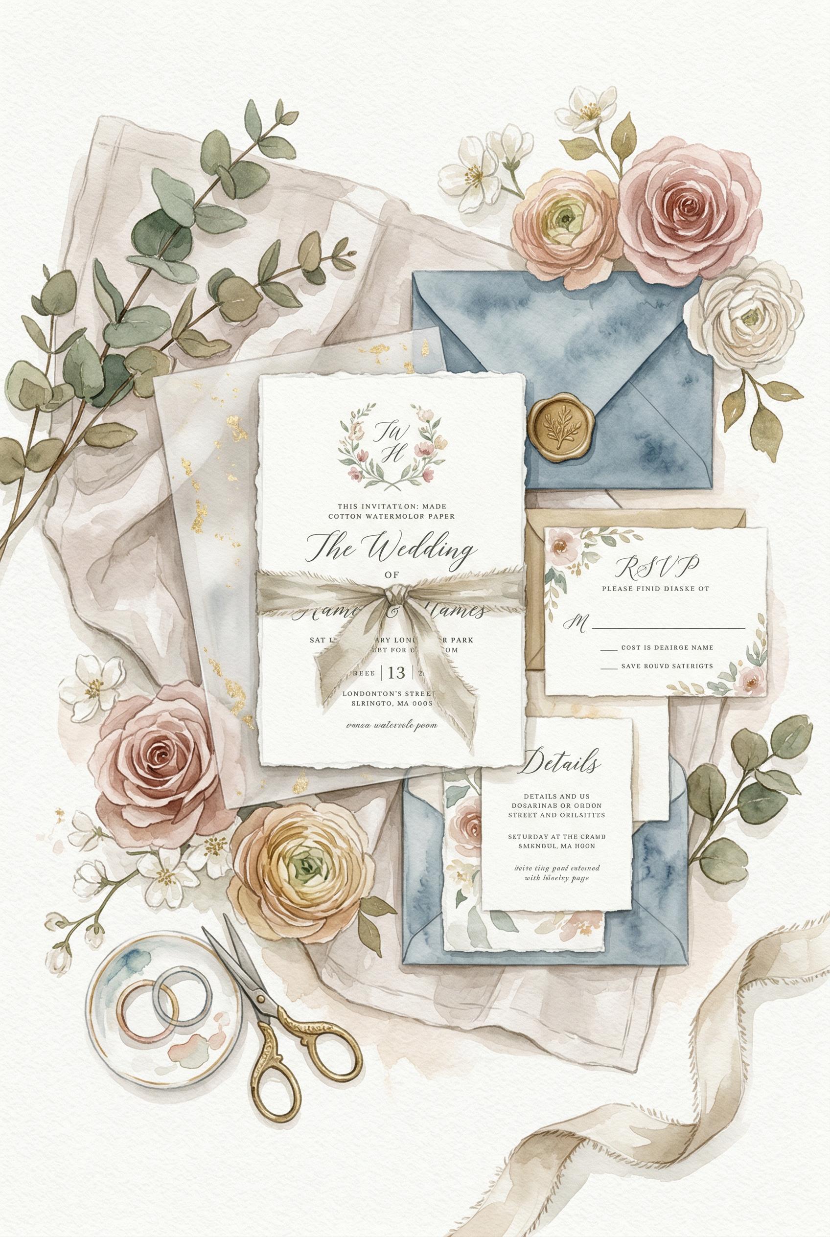 Pinterest-friendly wedding invitation ideas, luxury tabletop arrangement with layered paper textures, inspired by curren