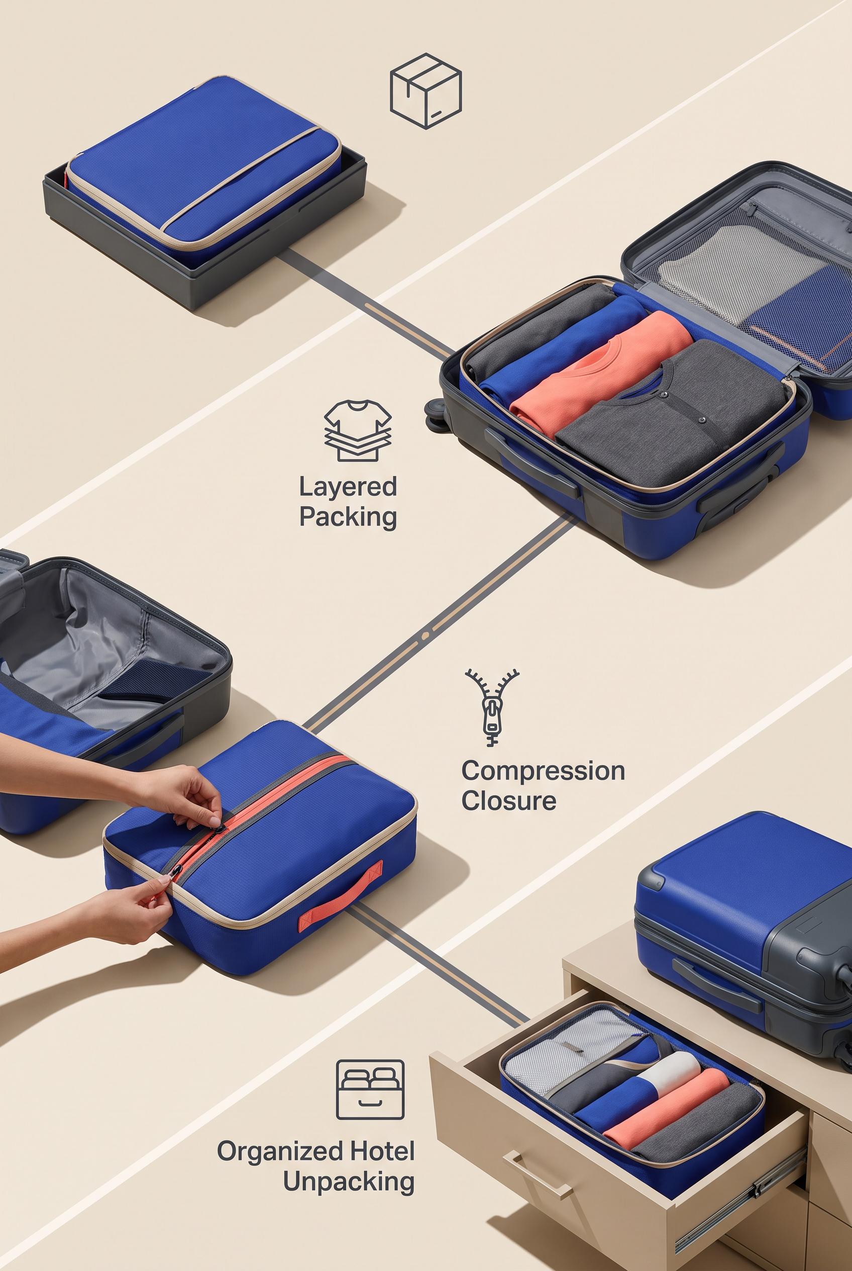 Create a commercial-quality vertical 2:3 Pinterest campaign concept for a reusable luggage organizer