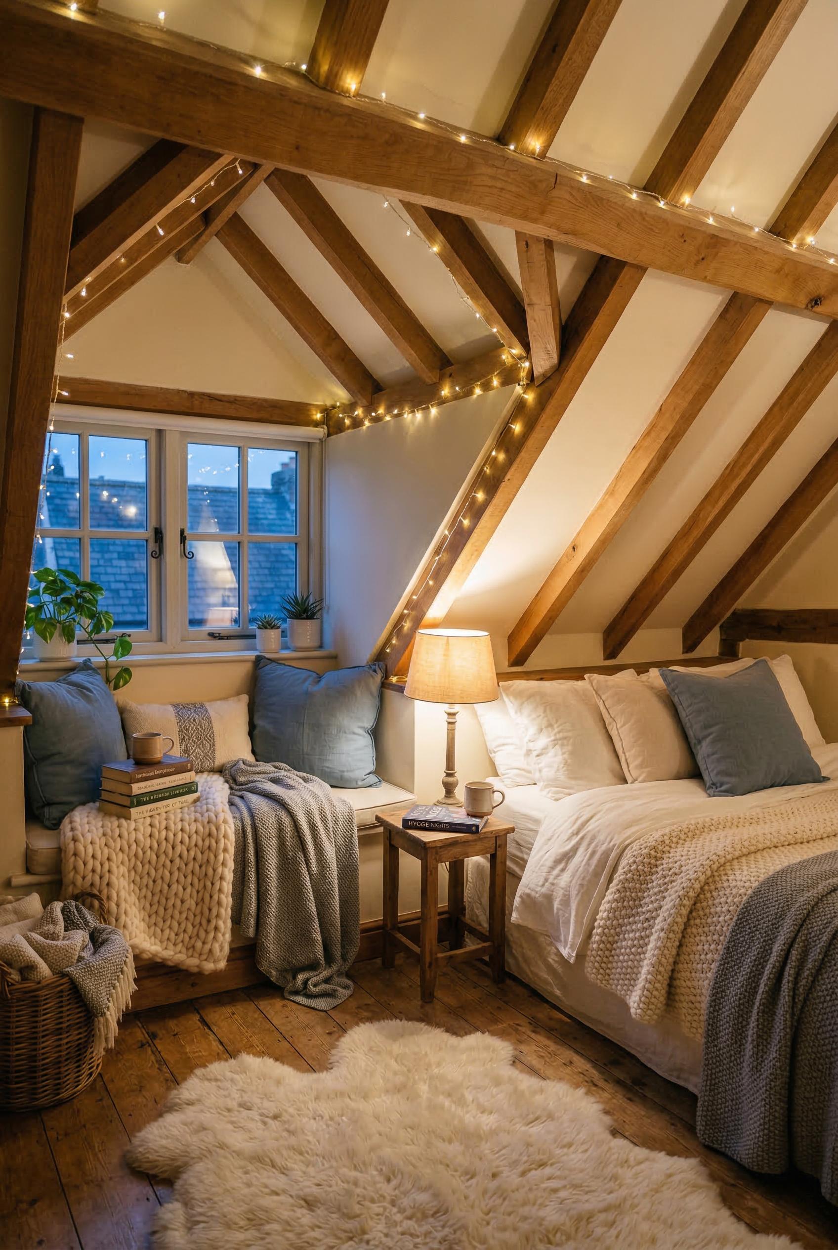 A charming attic bedroom with exposed honey-toned wooden ceiling beams, a cozy bed with white and cr