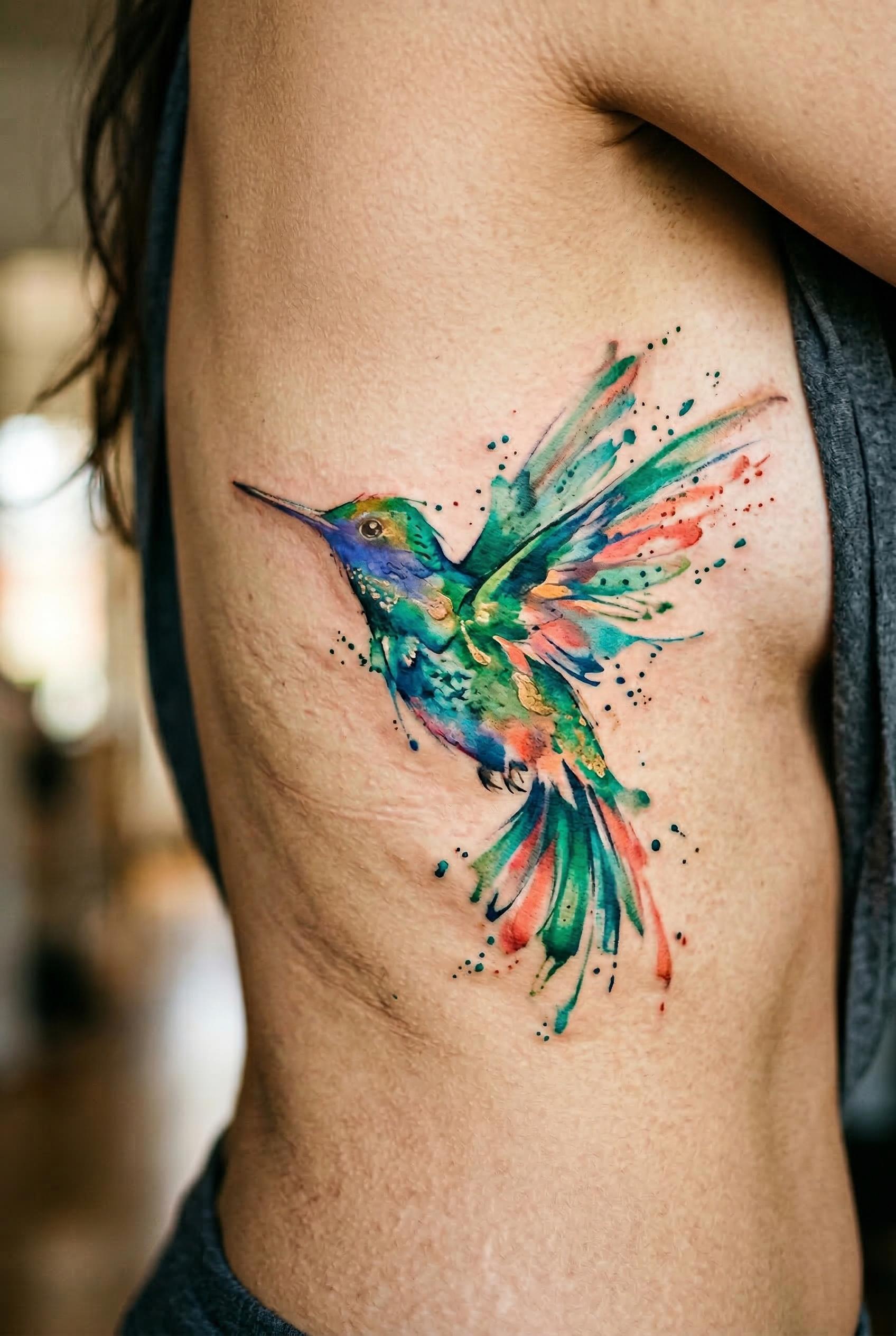 A vibrant watercolor hummingbird tattoo in mid-flight on the ribcage, wings spread and blurred with motion, rendered in