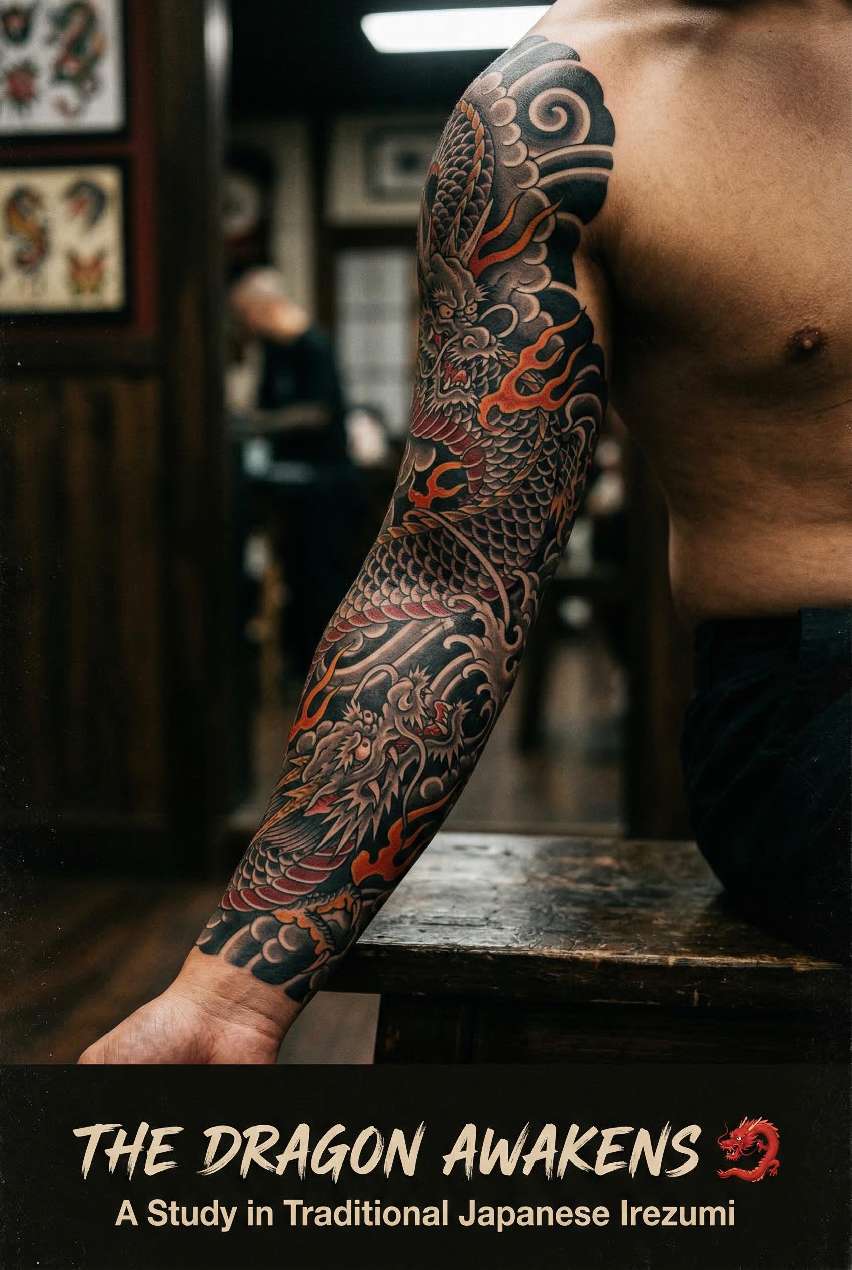 A full-arm Japanese dragon tattoo wrapping from hand to shoulder in traditional ukiyo-e style, the dragon coiling upward