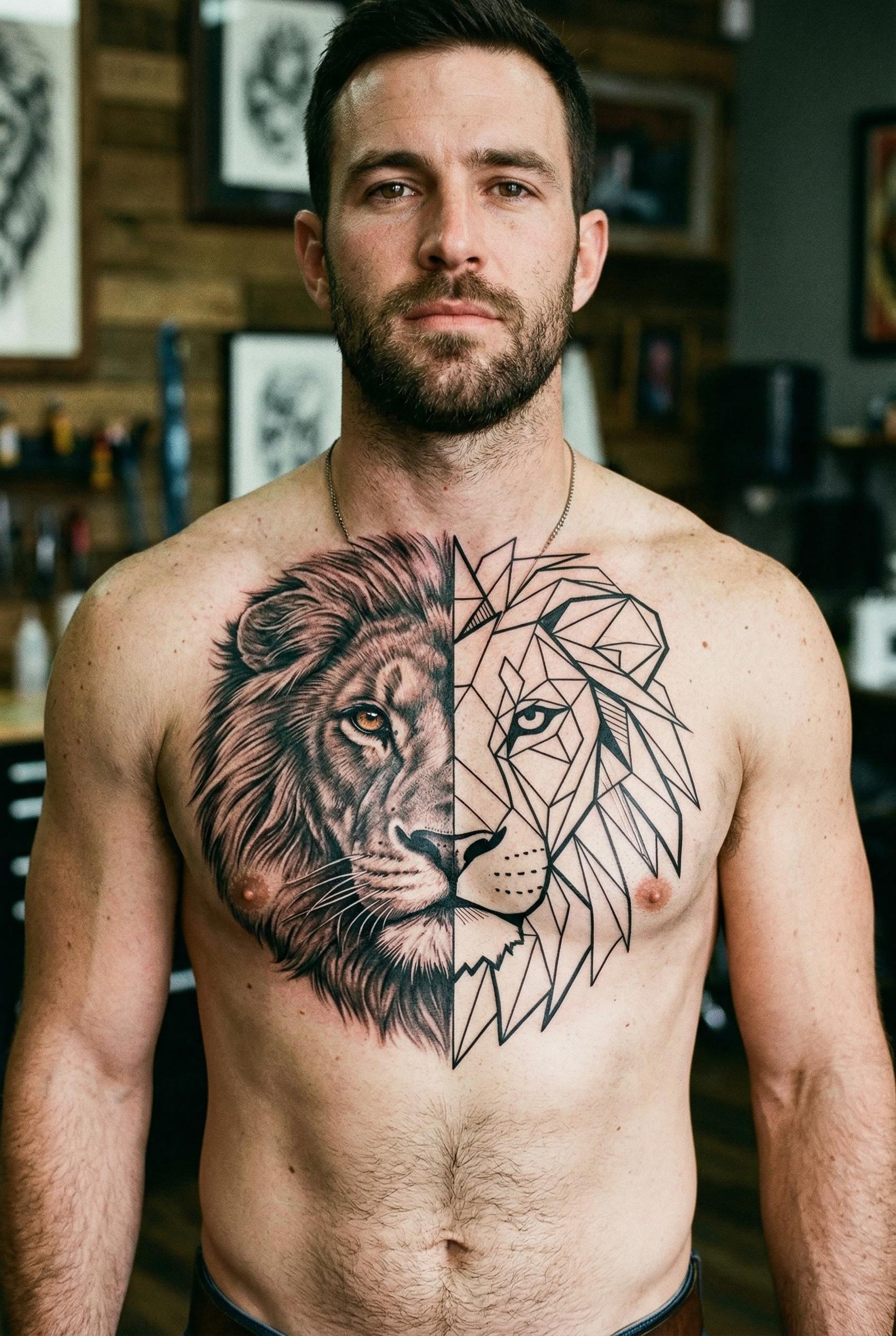 A geometric lion face tattoo on a man's chest, split vertically down the middle — the left half is photorealistic with d