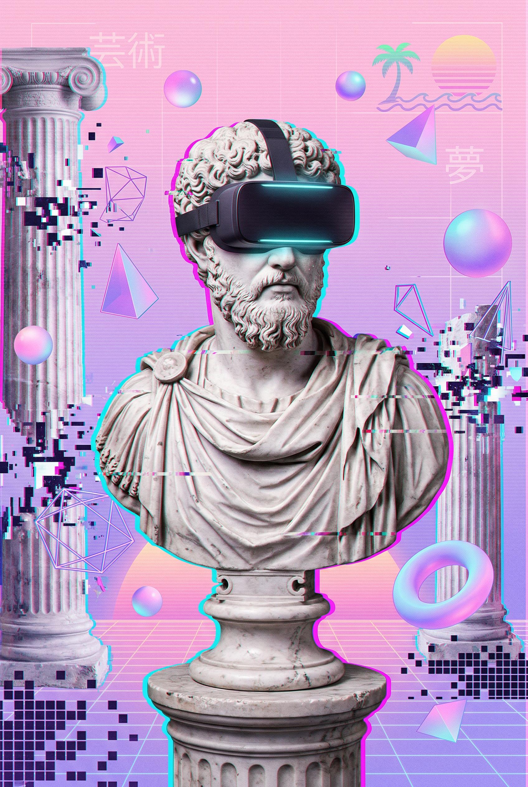 A classical white marble Roman bust sculpture of a stoic emperor wearing modern chunky VR virtual reality goggles with a
