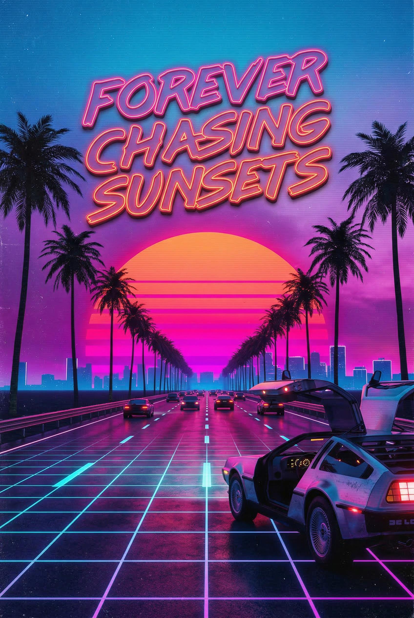 A retro 1980s Miami sunset scene with a perfectly straight neon-lit highway stretching into the distance toward a massiv