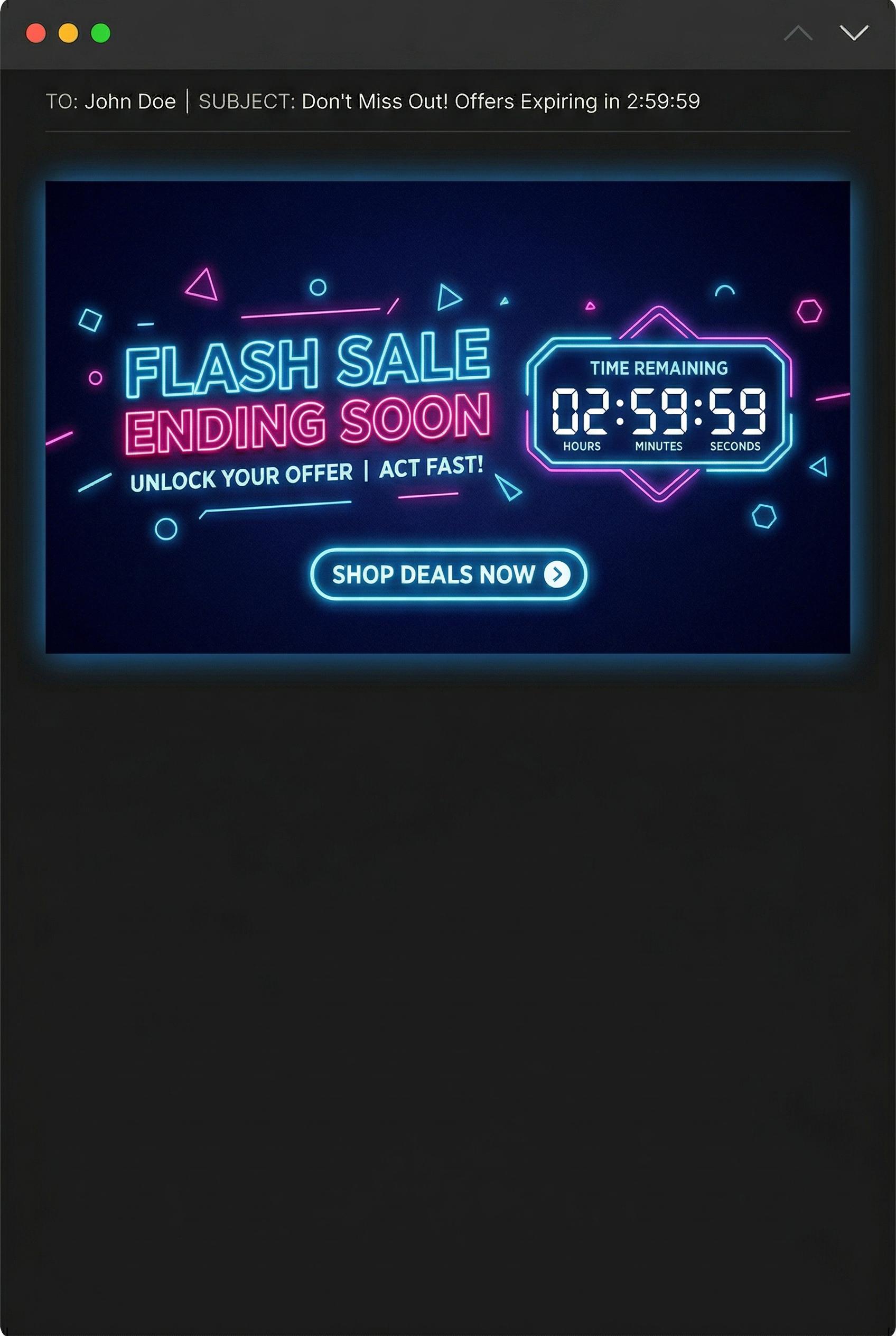 A bold email header banner design with a deep navy blue background, neon electric blue and hot pink glowing...