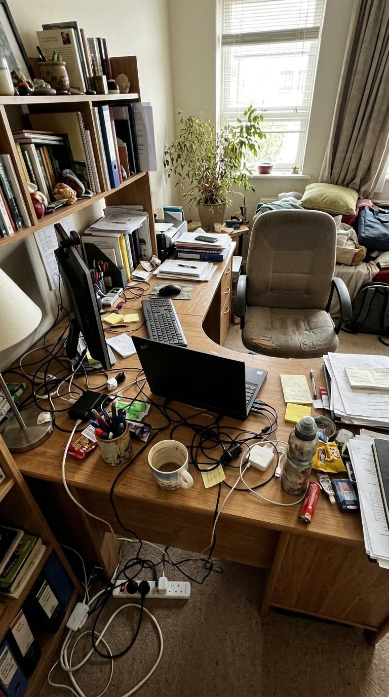 Amateur handheld phone photo of a slightly messy home desk area before redesign, imperfect wide-angl