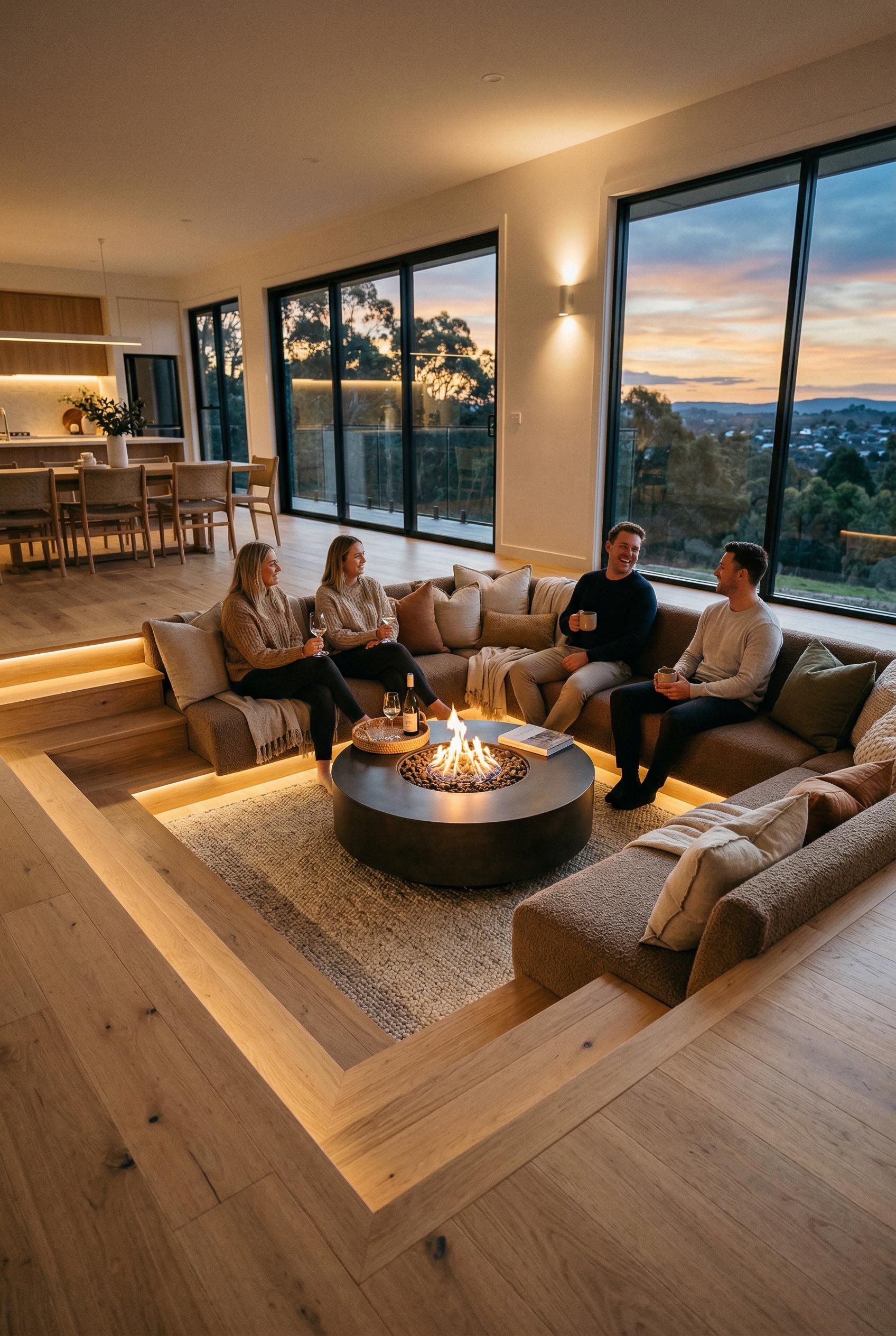 A contemporary sunken living room designed as a conversation pit, stepped down from the main floor level with three wide