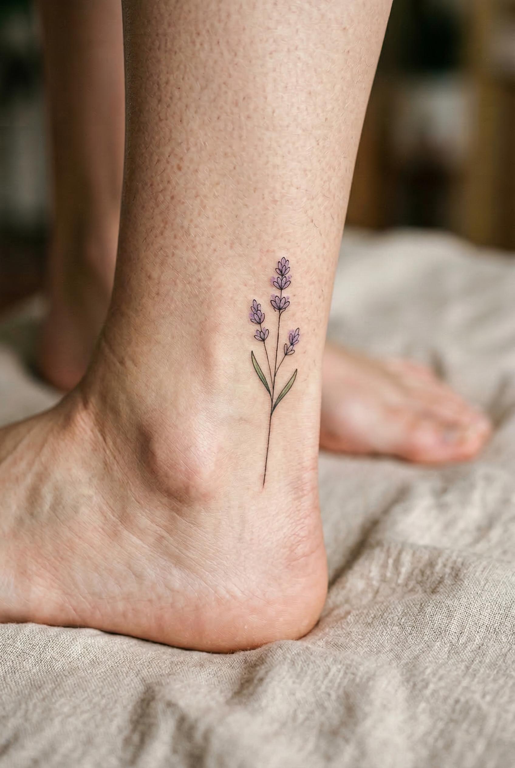 A tiny fine-line lavender sprig tattoo on the inner ankle, featuring 3-4 small lavender flower buds on a single delicate