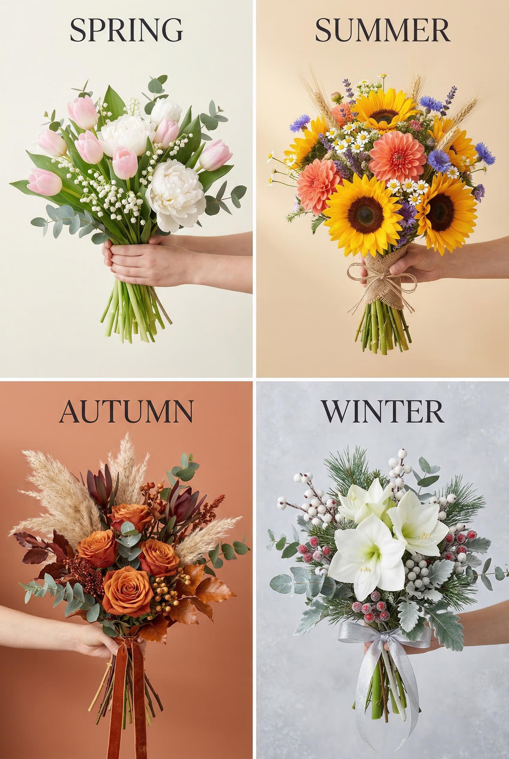 A bright 2x2 grid comparison layout on a clean white background showing four seasonal bridal bouquets. Top left (Spring)
