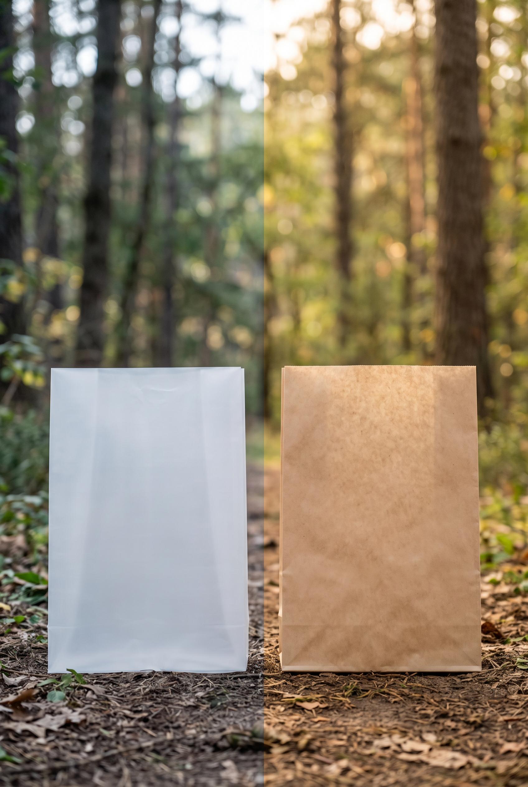 Create a vertical 2:3 composition showcasing the before (plastic) and after (biodegradable) packagin