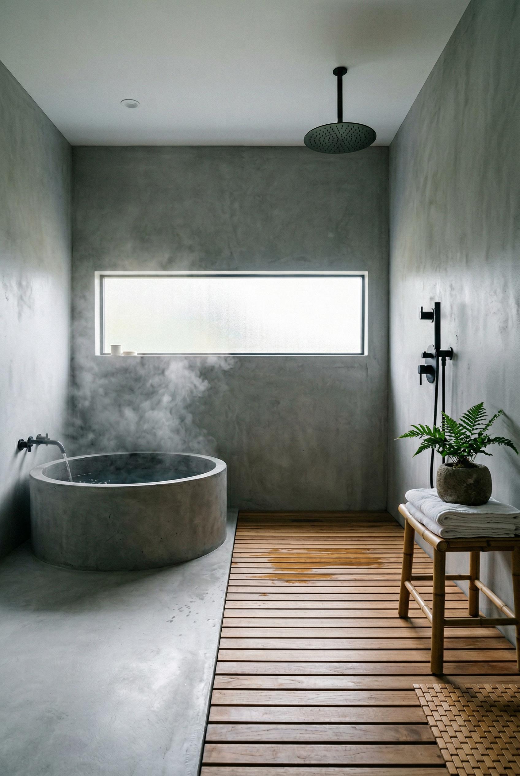 A Japanese-inspired wet room bathroom with horizontal teak wood slat flooring that drains naturally, a large overhead ra