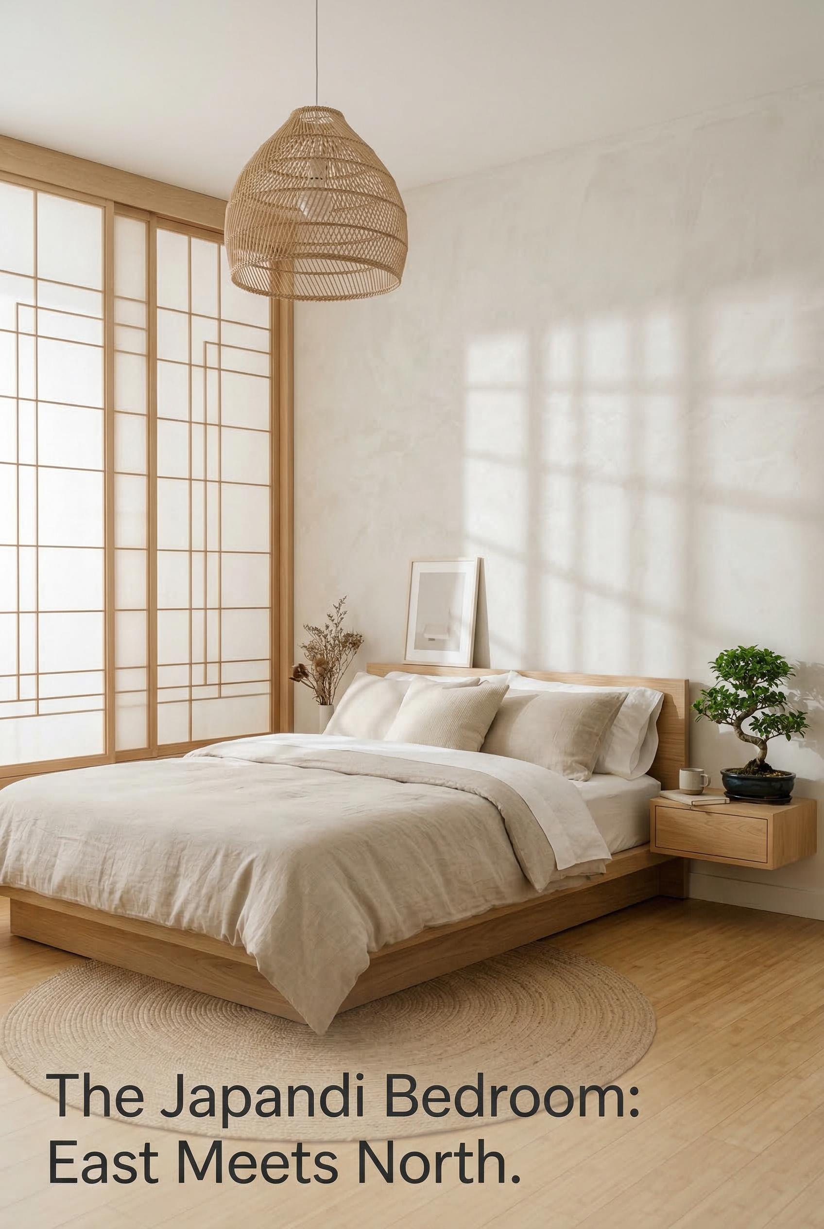 A serene Japandi-style bedroom with a low natural oak platform bed dressed in neutral oatmeal and wh