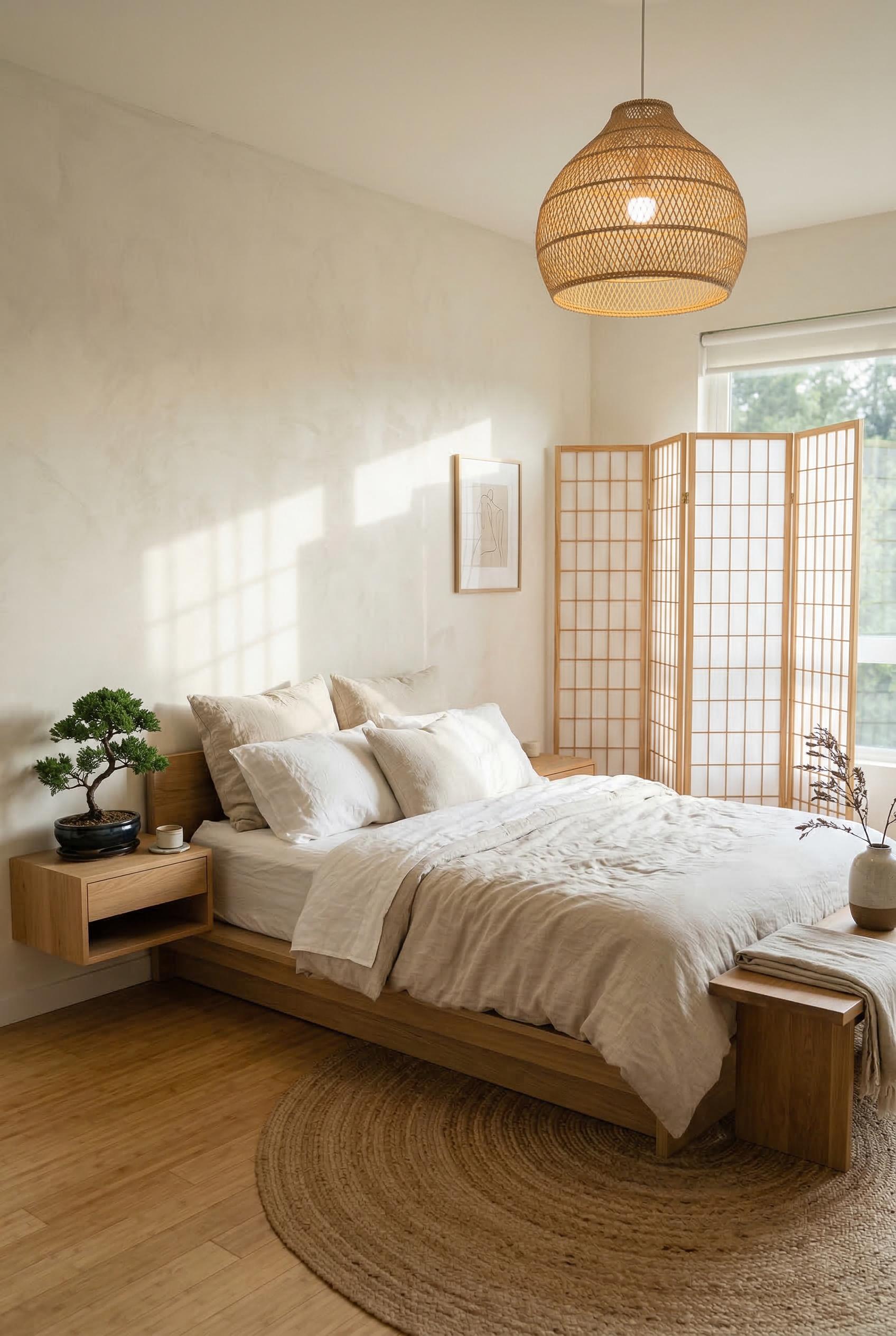 A serene Japandi-style bedroom with a low natural oak platform bed dressed in neutral oatmeal and wh