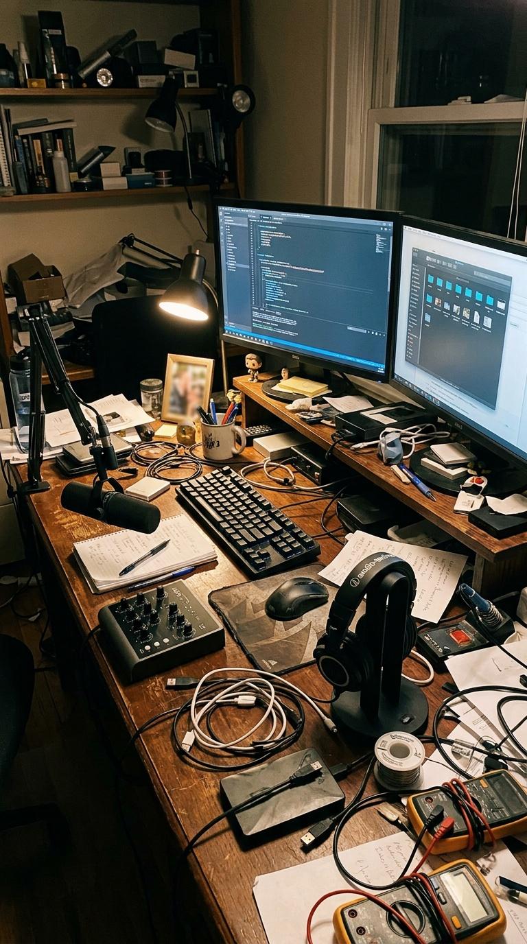 Amateur handheld phone photo of a creator's cluttered desk setup before branding and styling, imperfect pho...