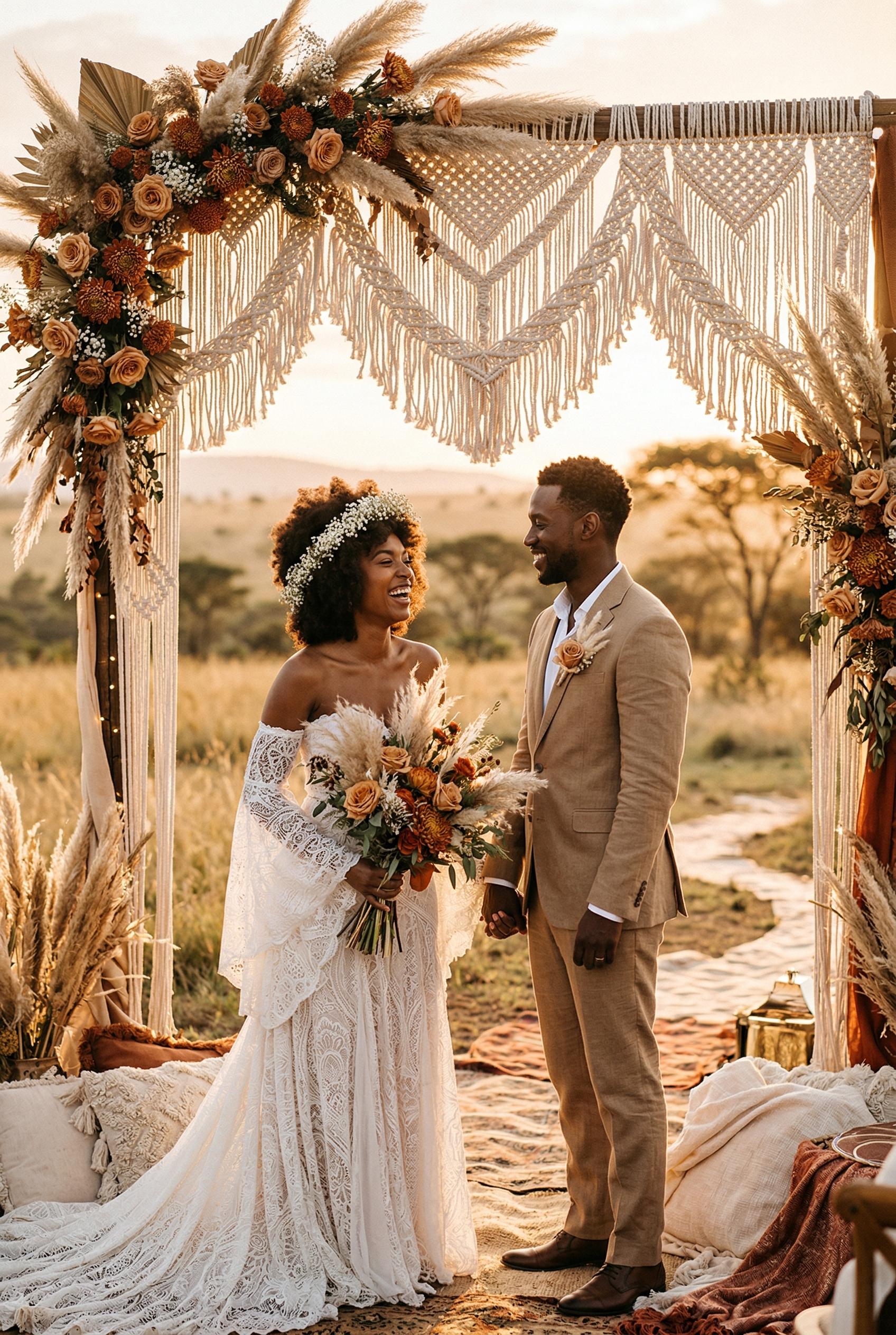 A dramatic Afrohemian wedding portrait of a bride and groom standing together under a large macrame 