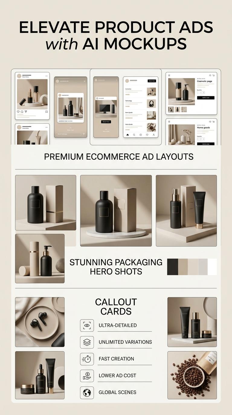 Create a vertical Pinterest pin for better product ads with AI-generated mockups, featuring premium ecommerce ad layouts