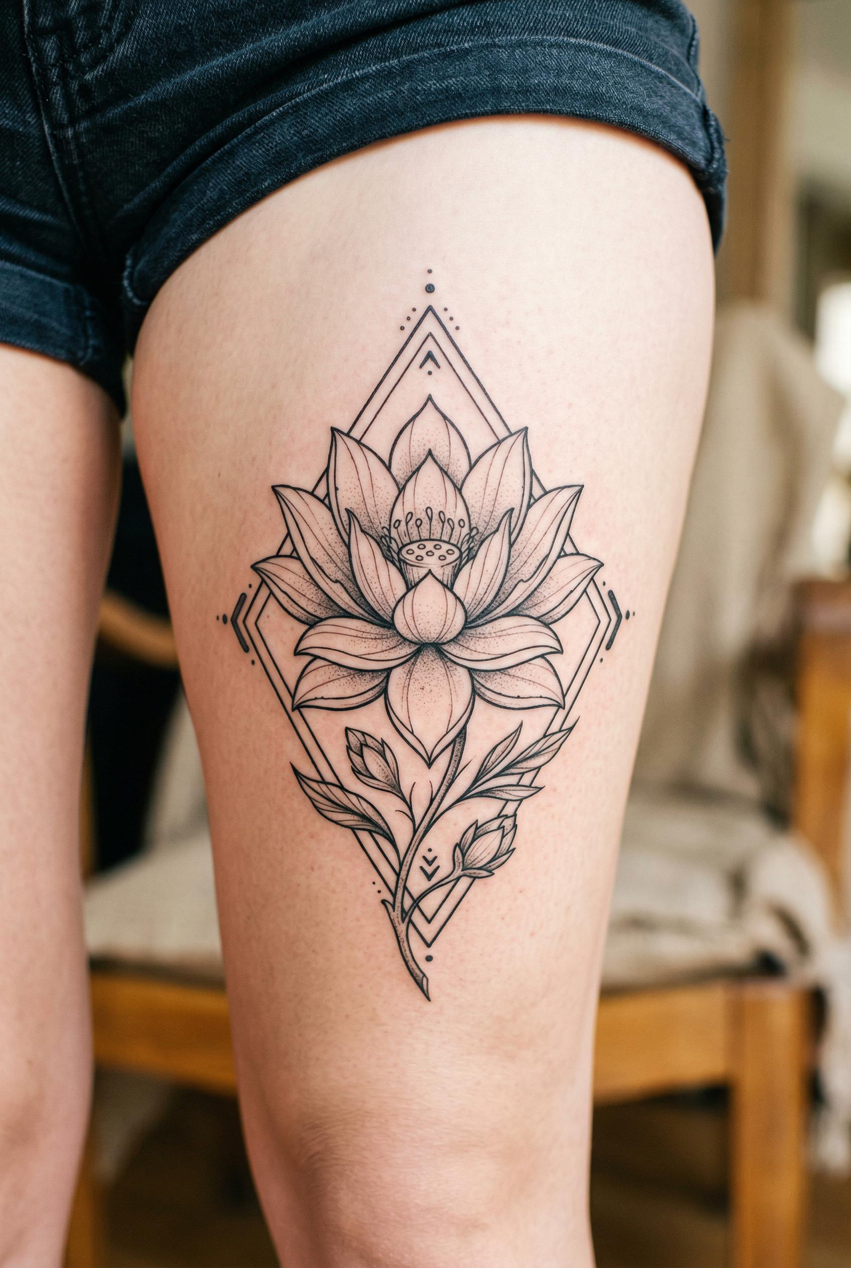 An elegant lotus flower tattoo in full bloom on the upper thigh, with layered symmetrical petals rendered in fine blackw