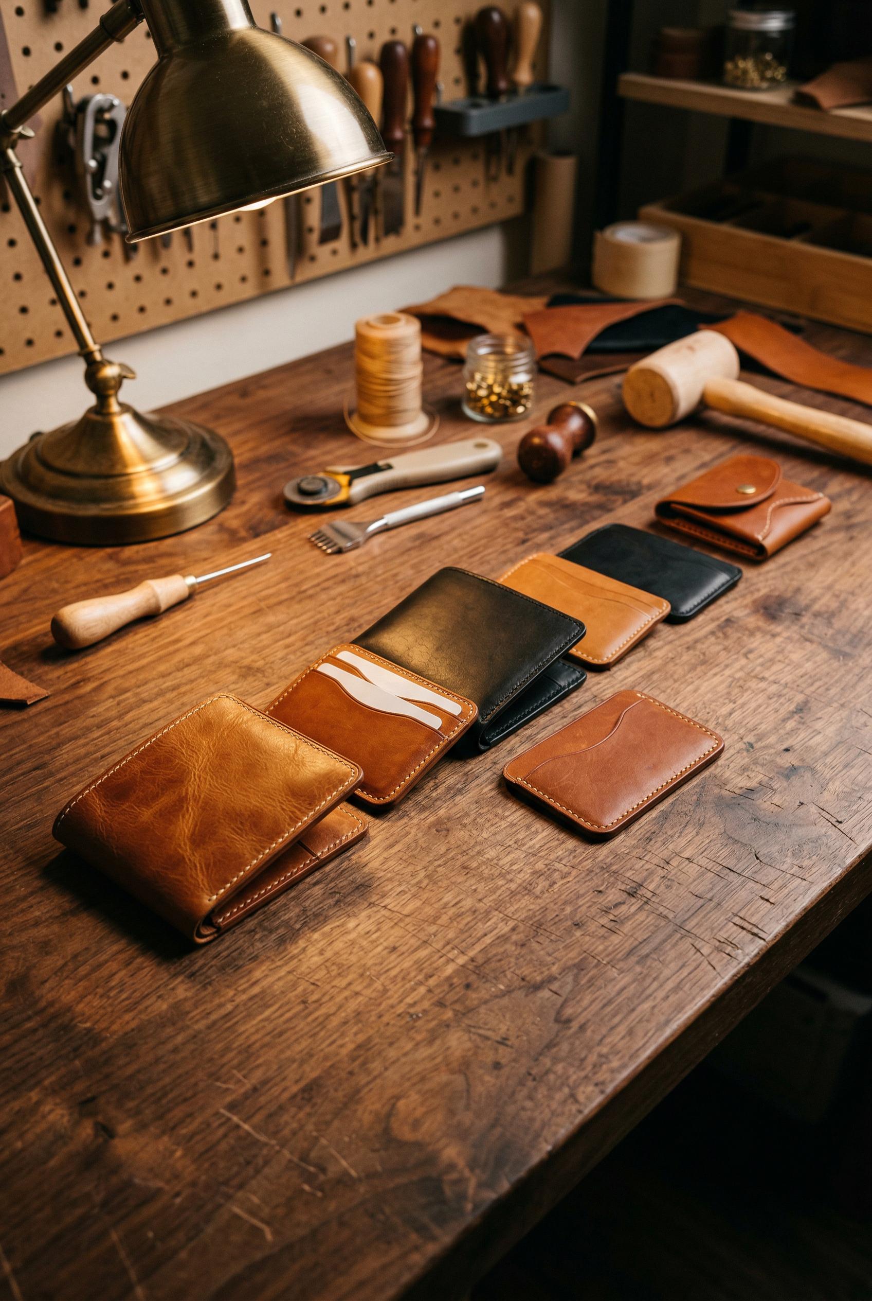 A collection of handmade leather wallets and slim cardholders in rich tan, warm cognac, and classic black colors, arrang